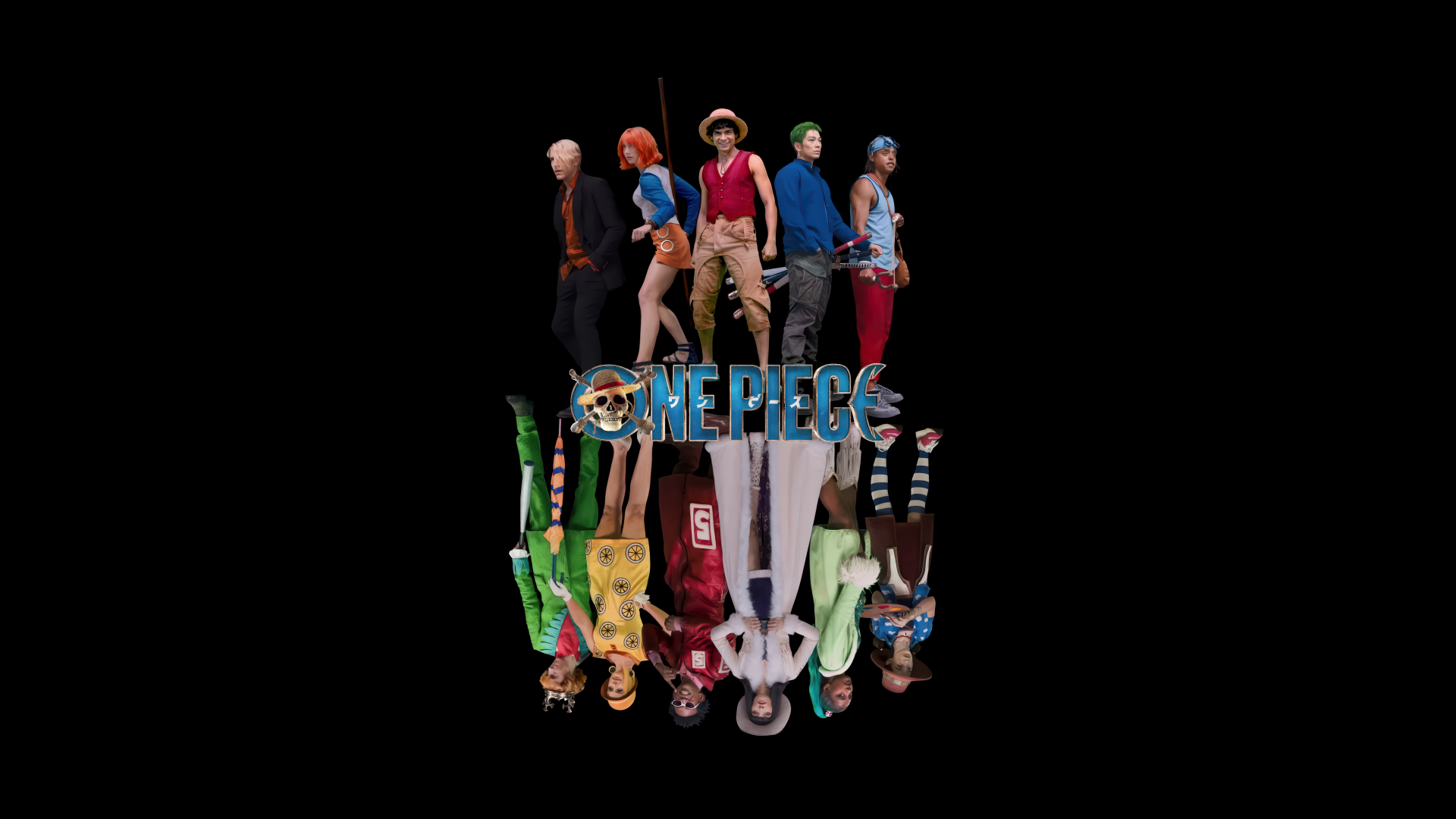 One Piece (Live Action) group shot of the Straw Hat crew standing back-to-back with a mirrored reflection below on a black 5K Ultra HD PC desktop wallpaper background.