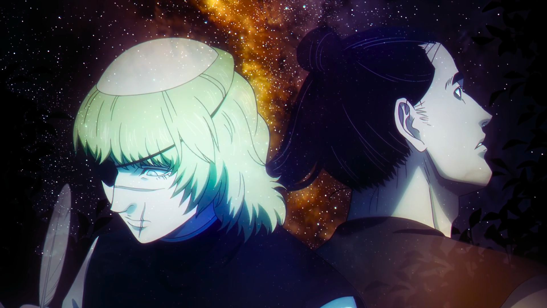 Anime HD PC desktop wallpaper: Badeni and Oczy back-to-back before a bright nebula in the universe, with the title Orb: On the Movements of the Earth.