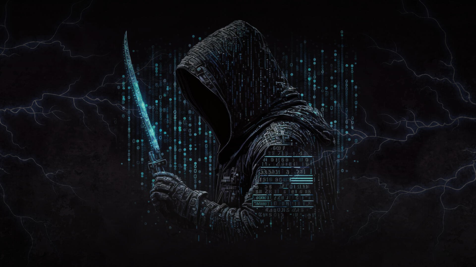 Dark 5K Ultra HD PC desktop wallpaper: hooded cyber-assassin holding a glowing dagger amid streaming code and stormy lightning, blending cybersecurity and technology.