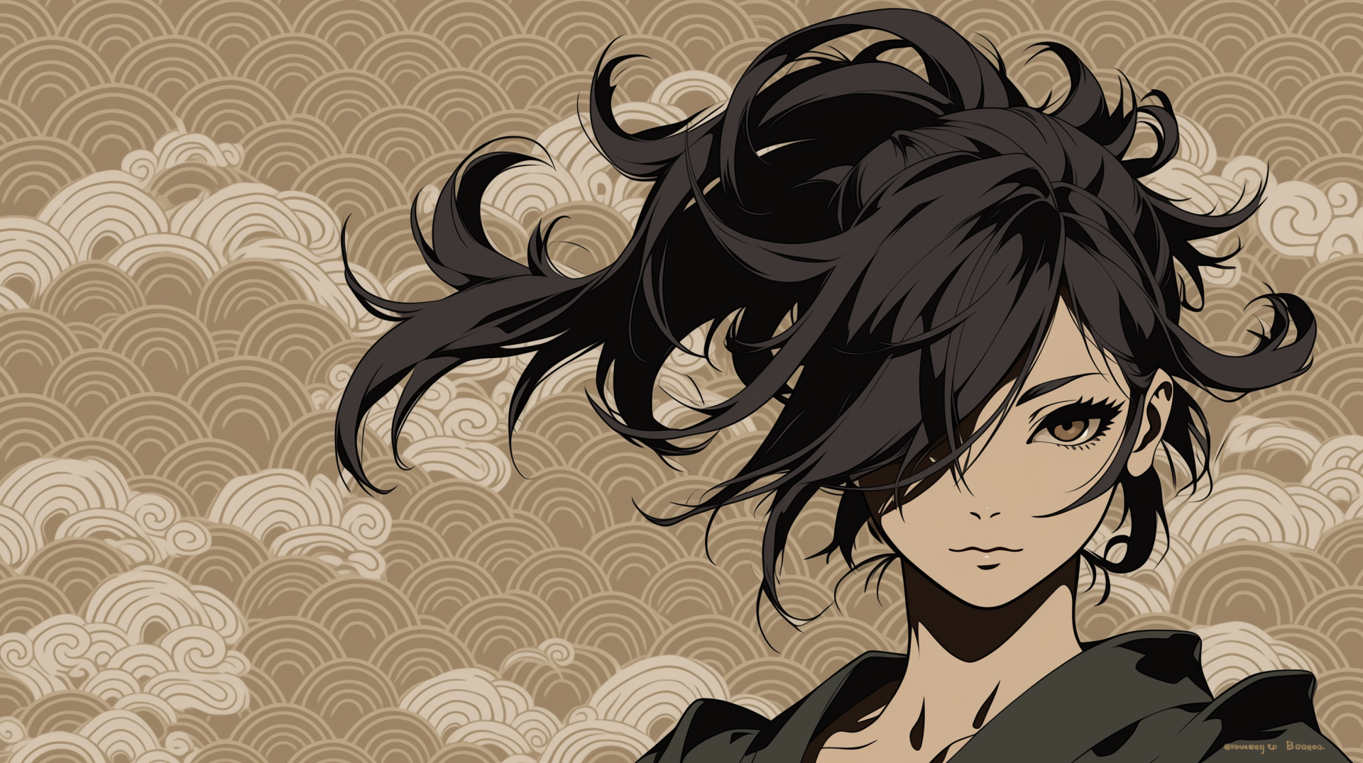 2K Quad HD PC desktop wallpaper of Hyakkimaru (Dororo): anime close-up, wind-tousled dark hair and intense gaze against a beige traditional wave-pattern background.