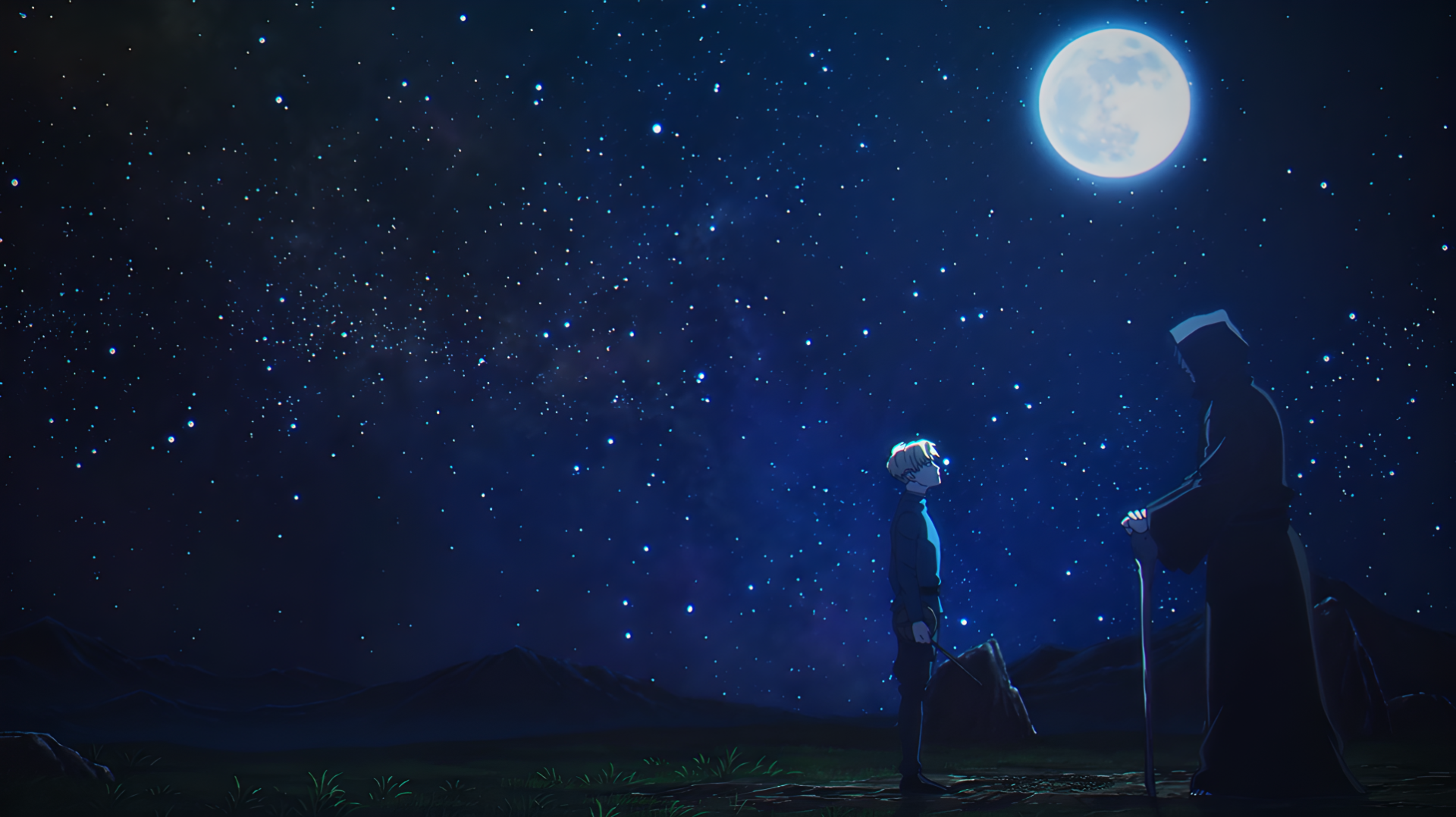 Anime HD desktop wallpaper: Rafal and Hubert stand beneath a starry night sky with a glowing orb-like moon — scene from Orb: On the Movements of the Earth