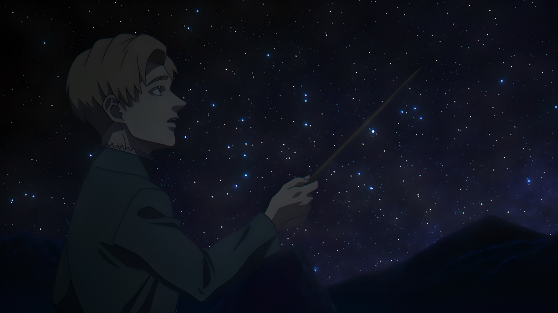 Anime HD desktop wallpaper 'Orb: On the Movements of the Earth' by Rafal — a young figure points a wand at a star-filled universe above silhouetted mountain scenery.