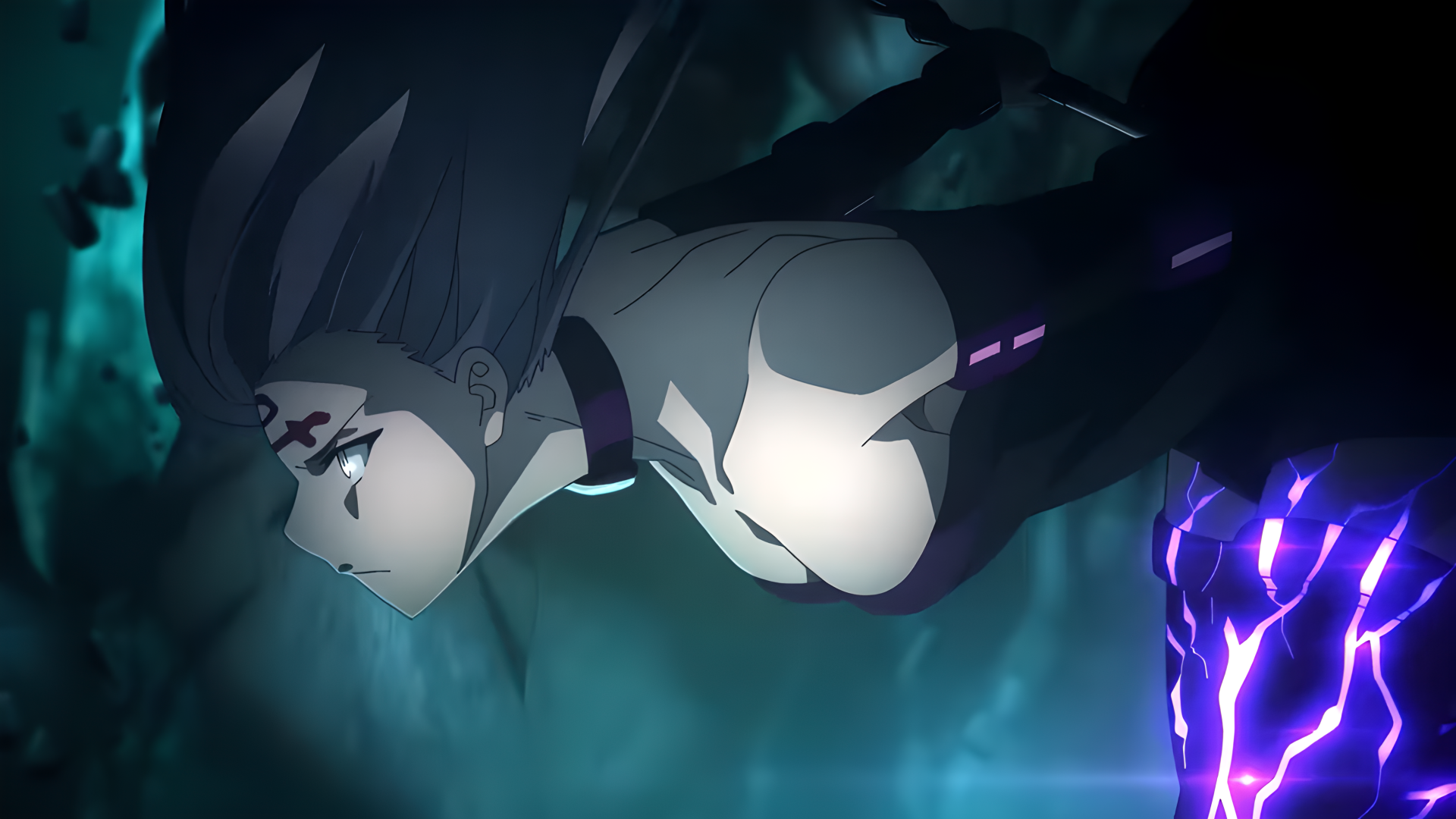 Rider from the Fate series lunges through teal mist, purple lightning arcing from her arm in a dynamic anime battle — 4K Ultra HD PC desktop wallpaper.