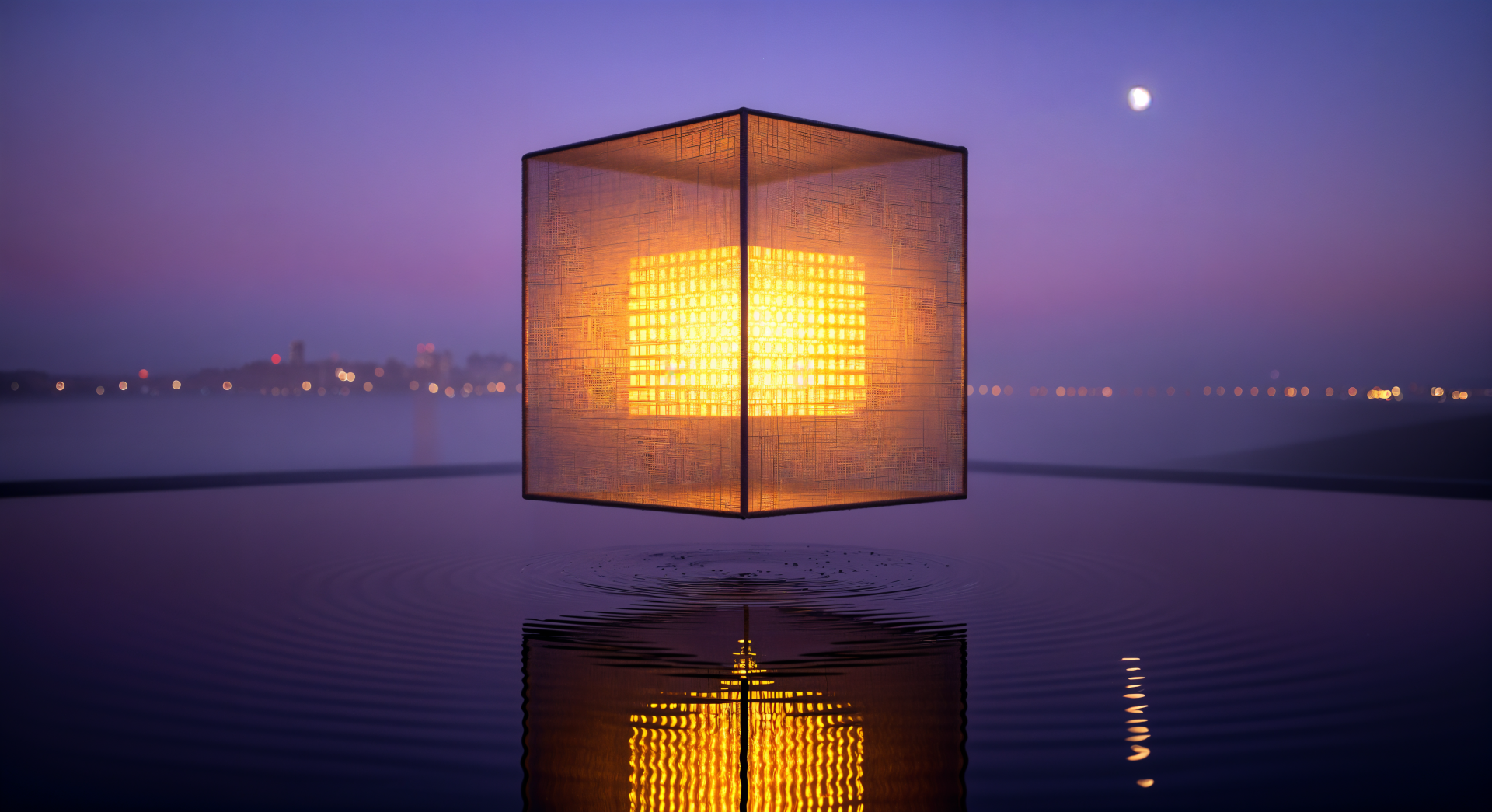 4K Ultra HD PC desktop wallpaper and background: glowing golden cube suspended above a mirror-like water surface at twilight, purple sky with moon and distant city lights.