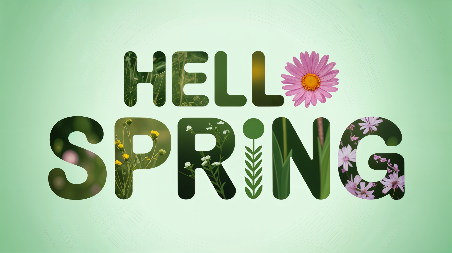 4K Ultra HD PC desktop wallpaper reading HELLO SPRING with letters filled with flowers, leaves and green textures on a soft mint gradient background.