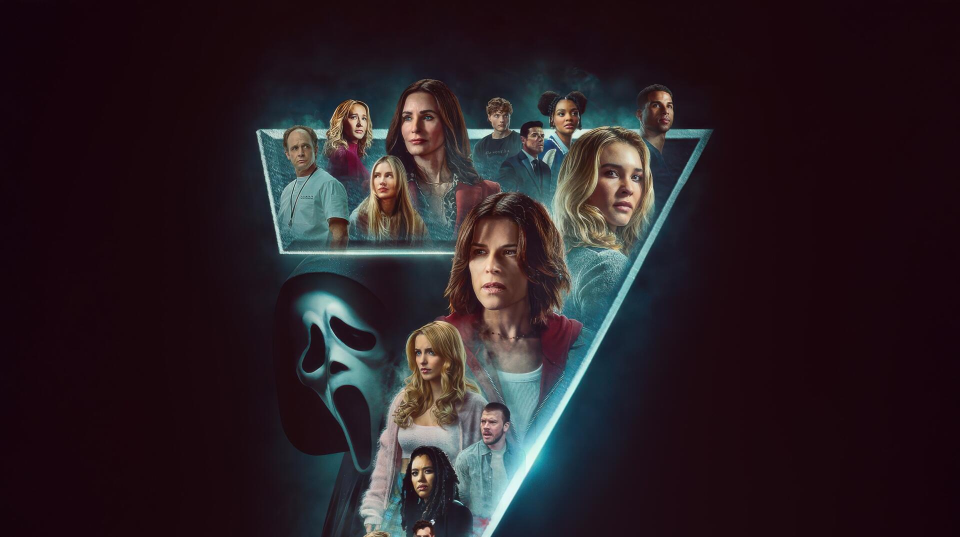 Triangular neon-teal collage of Scream 7 characters surrounding a Ghostface mask silhouette on a black background — 2K Quad HD PC desktop wallpaper/background.