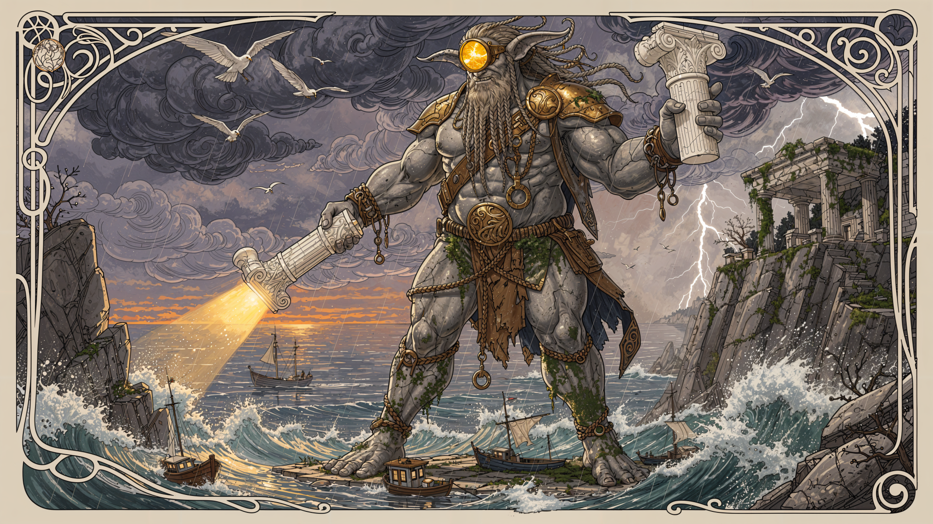 4K Ultra HD PC desktop wallpaper and background: a towering cyclops with a glowing eye and trident wades through stormy seas toward crumbling coastal ruins as ships flee.