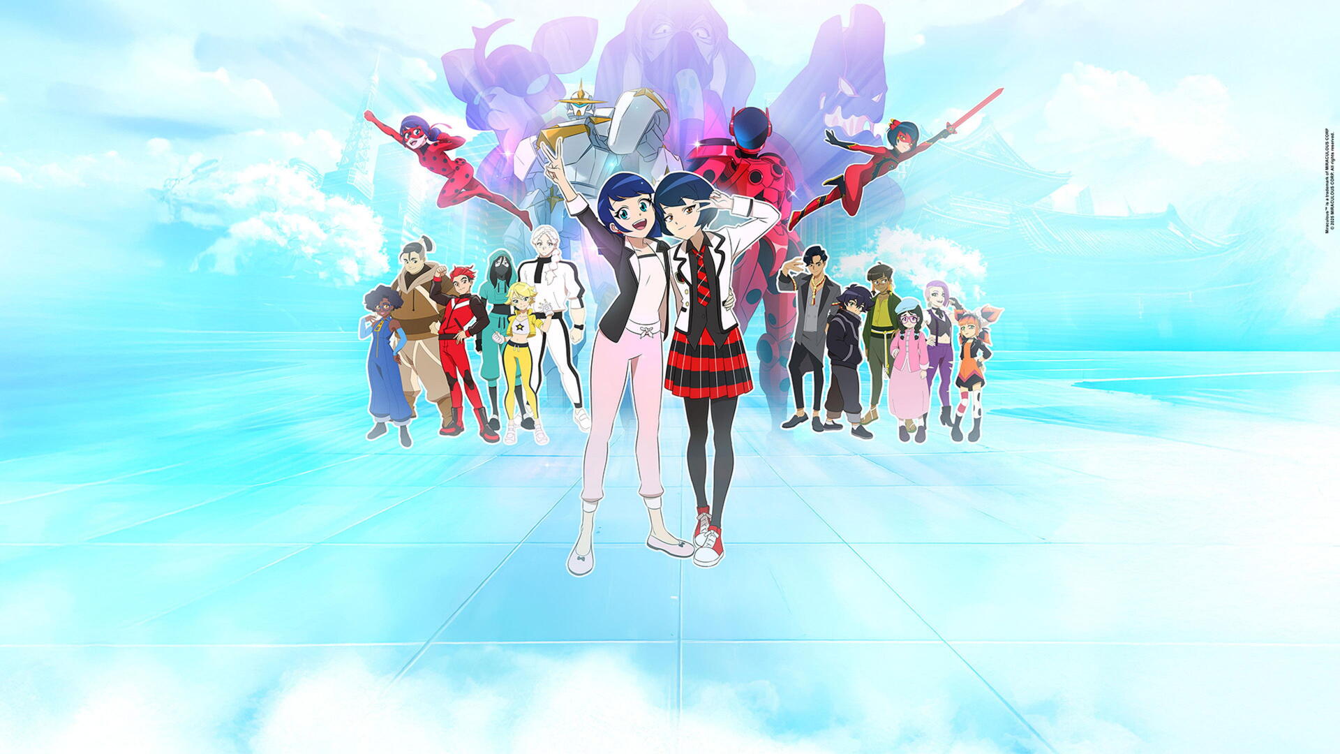 Miraculous: Stellar Force ensemble with two lead characters walking toward the viewer across a luminous sky and tiled floor; vibrant 4K Ultra HD PC desktop wallpaper and background.