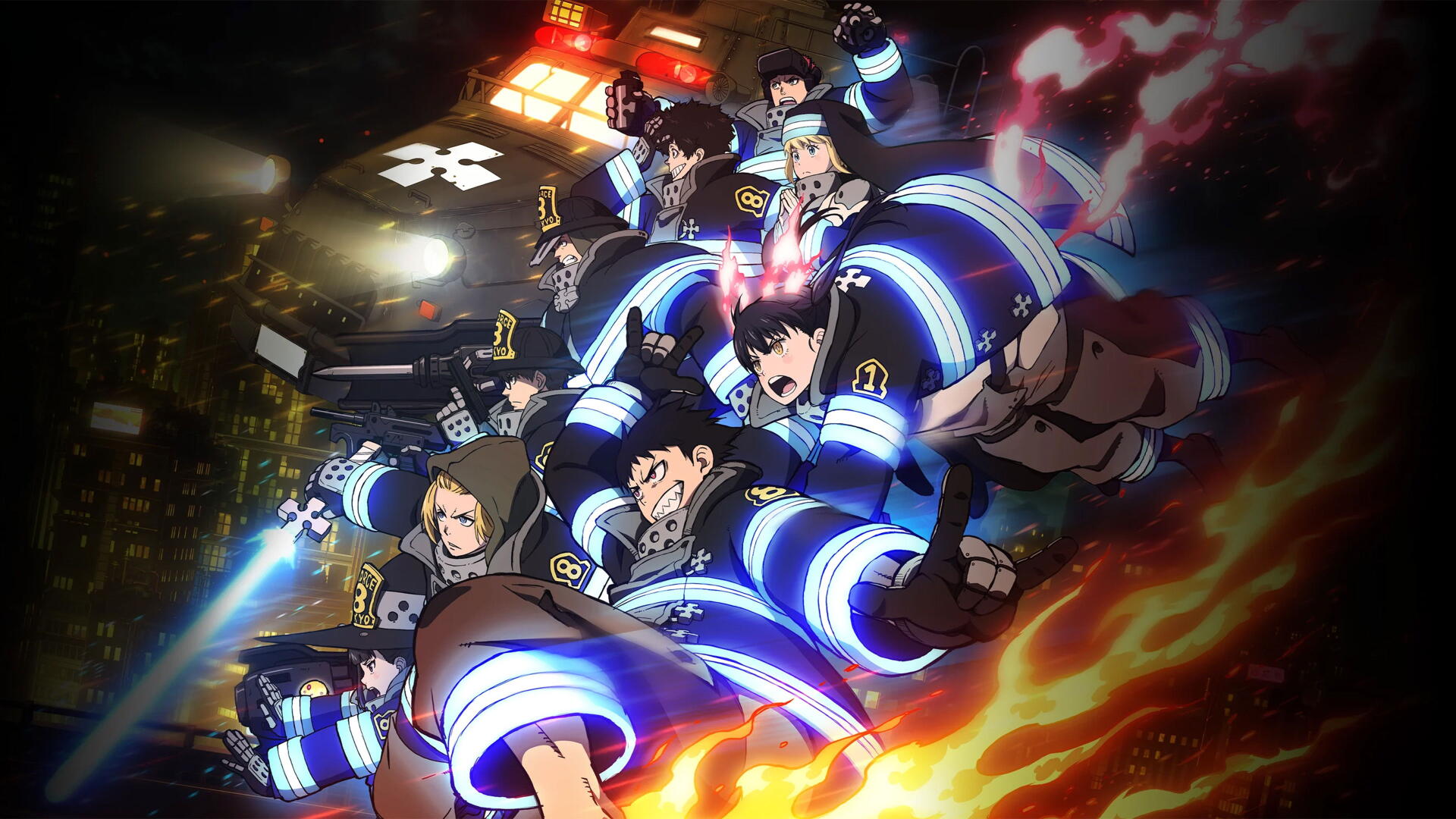 Fire Force squad in glowing blue fire suits racing through a burning cityscape, embers and flames trailing behind — 4K Ultra HD PC desktop wallpaper and background.