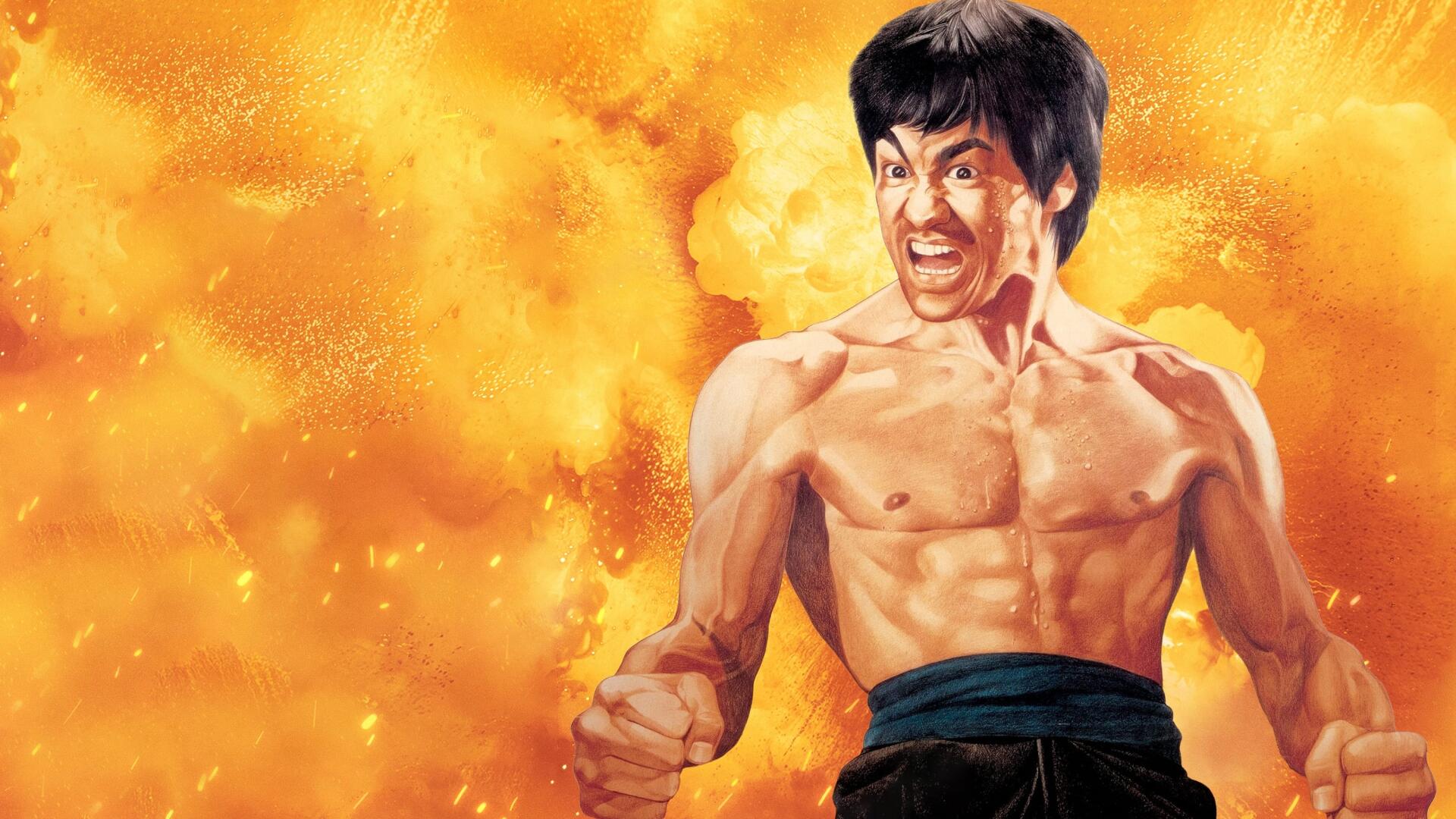 2K Quad HD desktop wallpaper titled Bruce Lee: Quest of the Dragon — shirtless martial artist with clenched fists and fierce expression, black pants against a fiery orange explosion background.