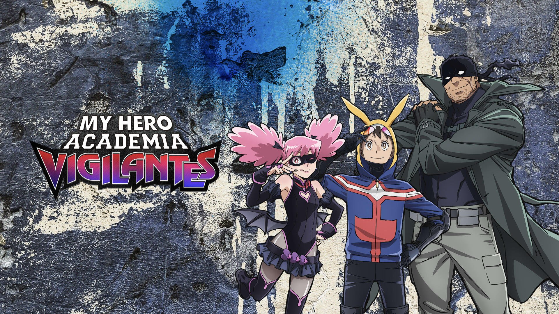 My Hero Academia: Vigilantes 4K Ultra HD PC desktop wallpaper/background showing three vigilante heroes — pink-haired girl, blue/red hero, and a masked tall man against a textured wall.