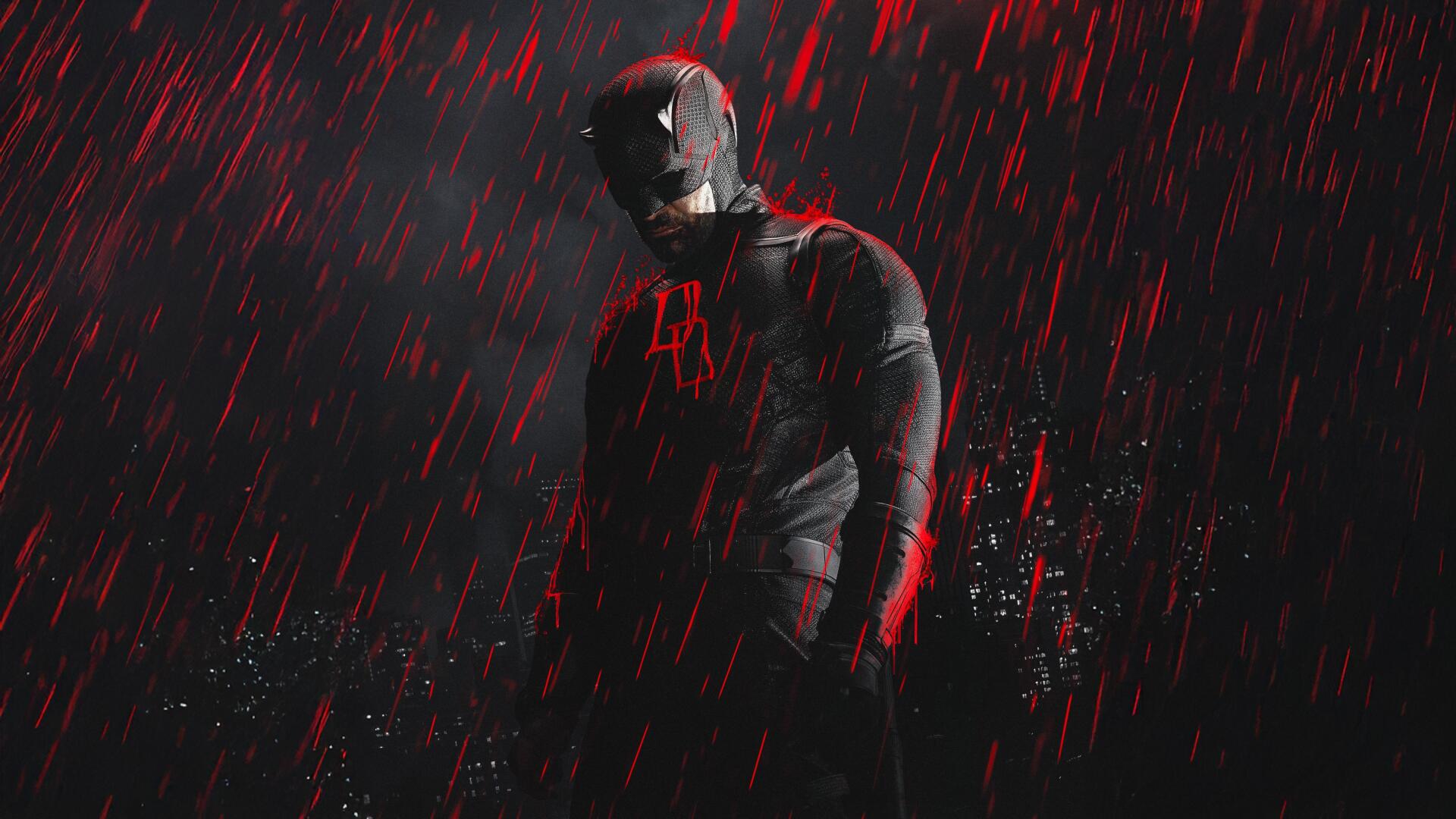 Daredevil: Born Again — 4K Ultra HD PC desktop wallpaper of a dark red-suited Daredevil, head bowed in red-lit rain with a shadowy city backdrop.