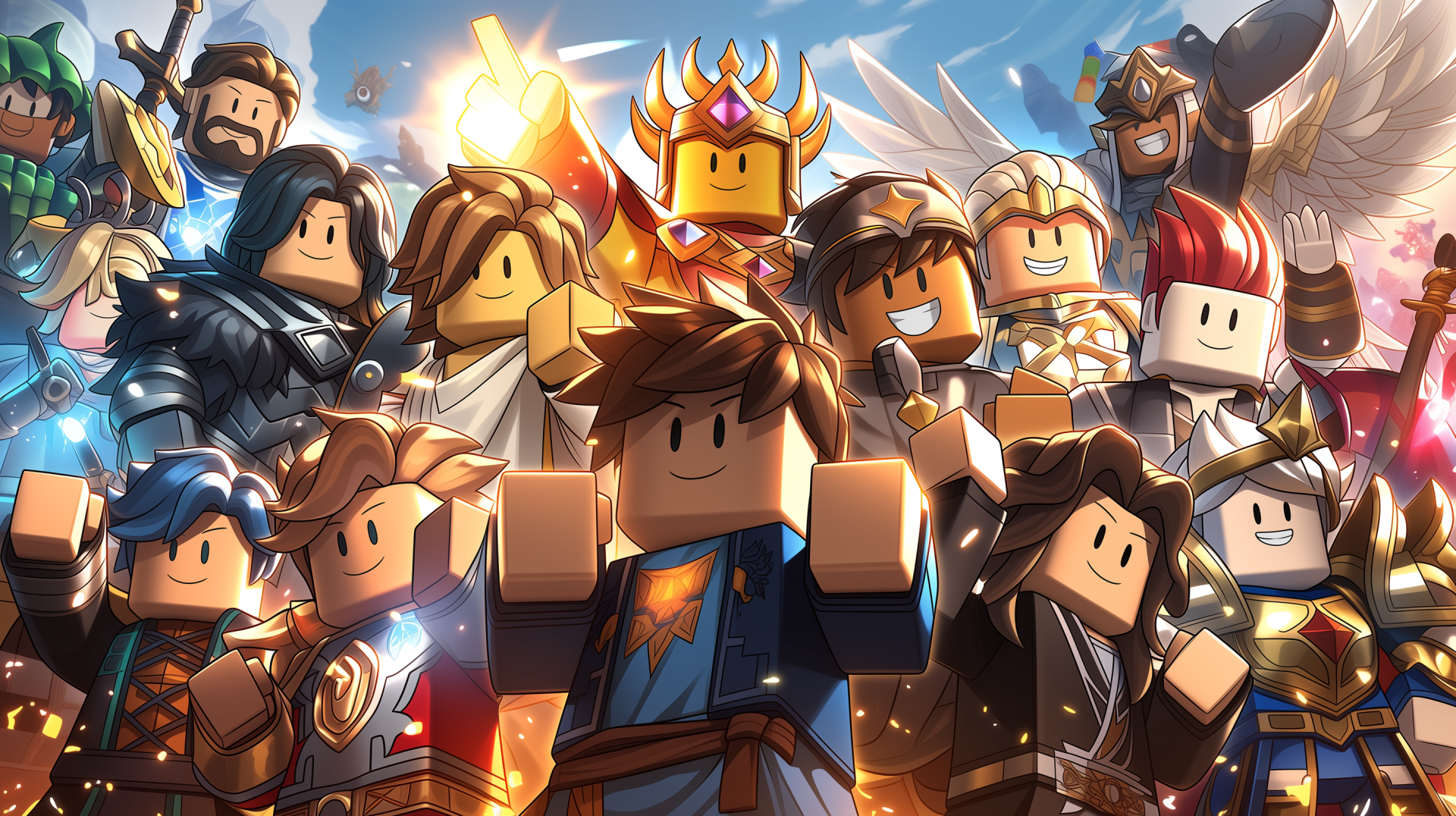 Vibrant Roblox roleplay hero ensemble in epic 2K Quad HD PC desktop wallpaper, smiling blocky characters in armor and crowns strike triumphant poses against a glowing sky.