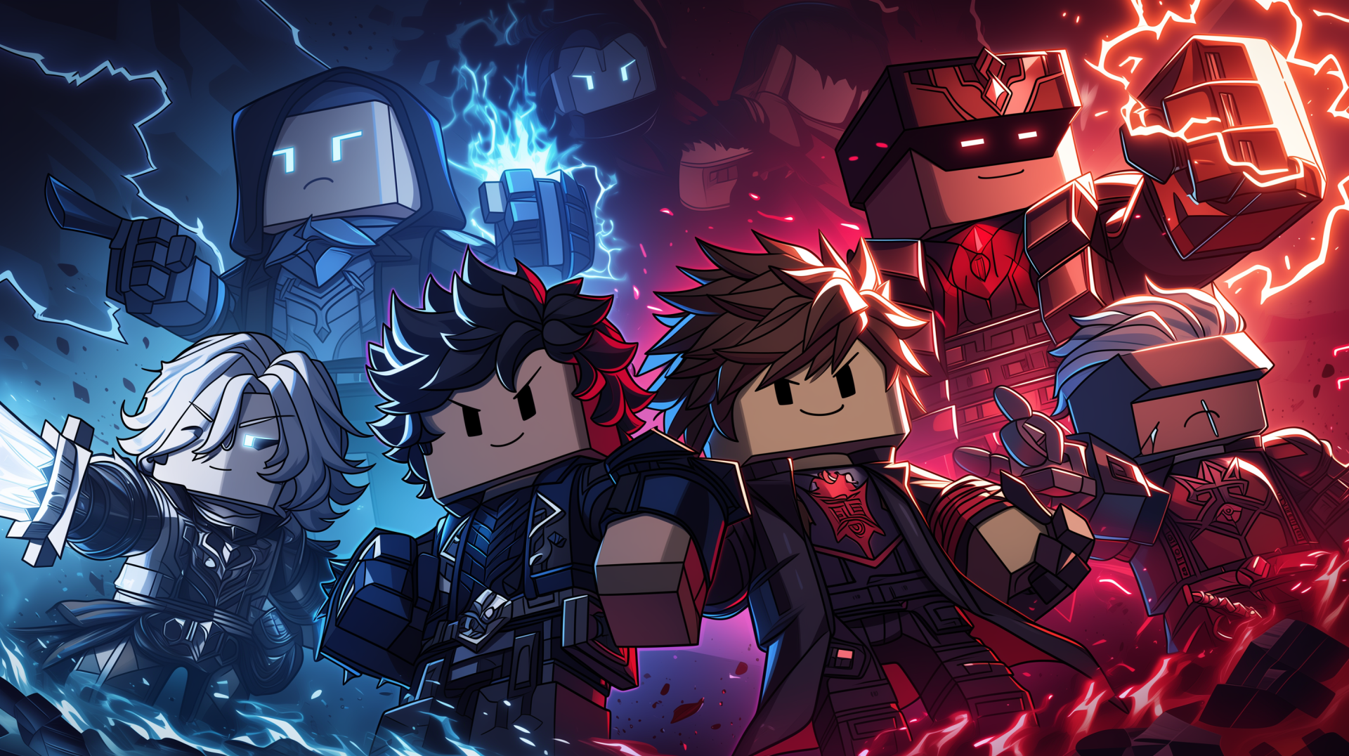 Roblox roleplay 2K Quad HD PC desktop wallpaper: blocky heroes and villains clash in blue vs red energy, wearing cyberpunk outfits and wielding glowing weapons.