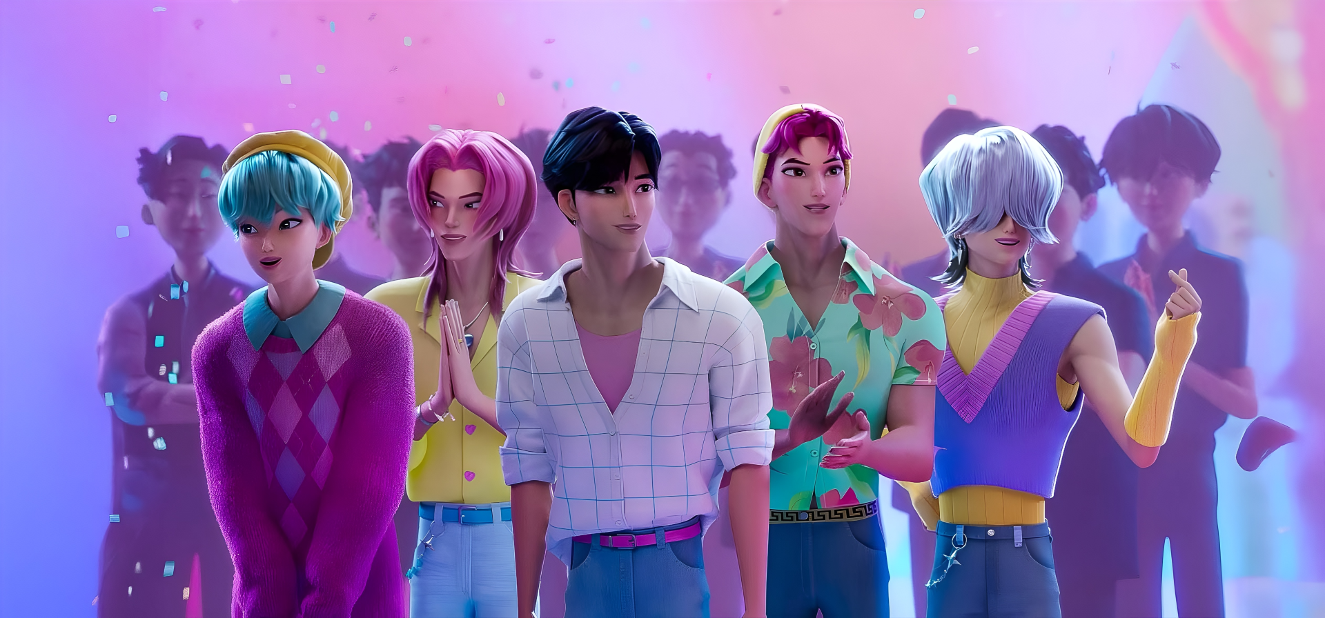 4K Ultra HD PC desktop wallpaper from the movie KPop Demon Hunters featuring Saja Boys: five stylized band members in colorful outfits against a pink‑purple cityscape background.