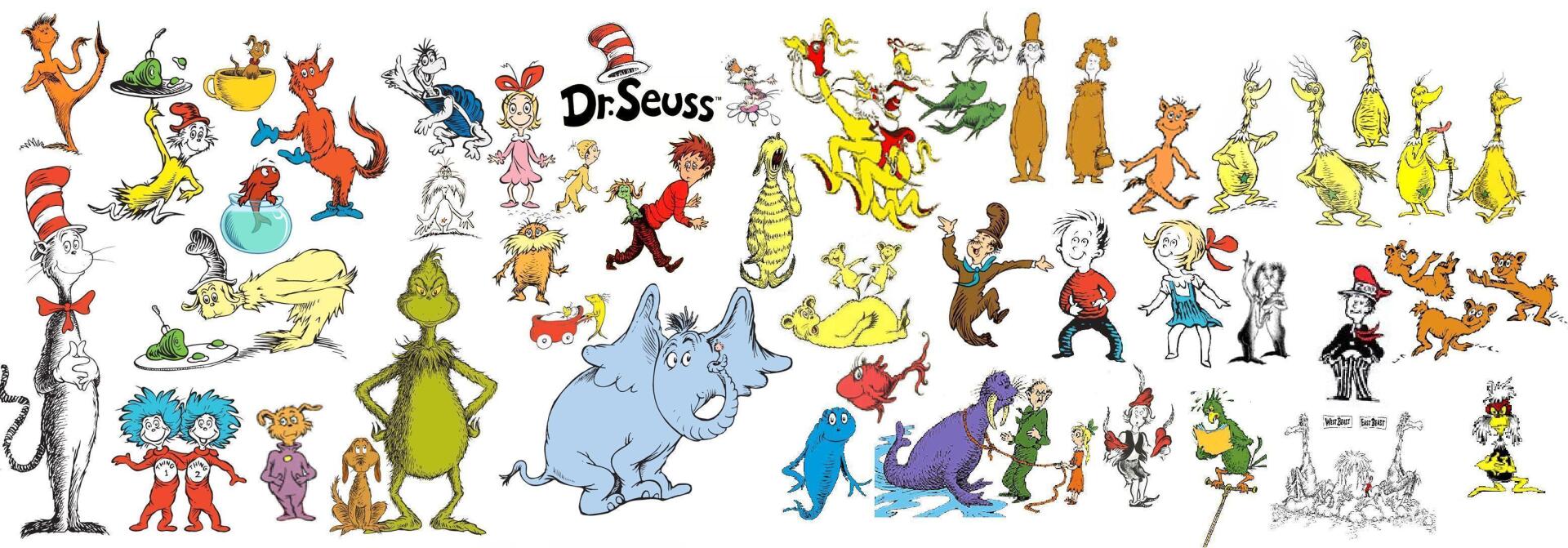 HD PC desktop wallpaper showing a colorful collage of Dr. Seuss characters from The Cat in the Hat movie and other Seuss stories against a white background.
