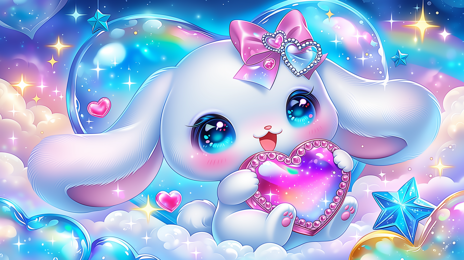 Sanrio Cinnamoroll kawaii 2K Quad HD PC wallpaper: pastel starry sky and clouds with a big-eyed Cinnamoroll holding a jeweled heart, surrounded by bows, hearts and sparkling stars.