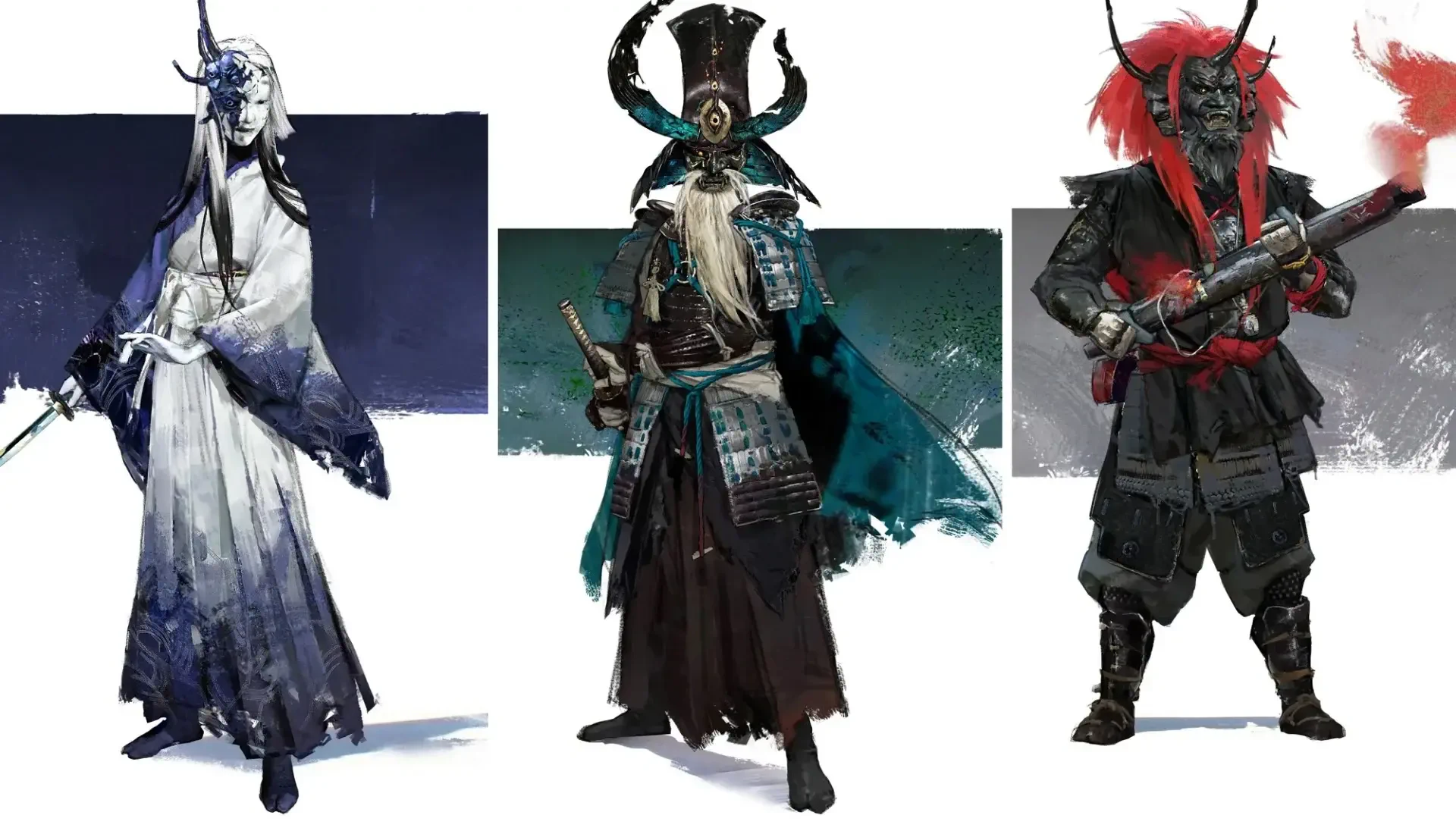 HD PC wallpaper for video game Ghost of Yōtei showing three ghostly samurai: a pale ethereal figure in white, a horned teal-armored leader, and a red-masked black-armored warrior.