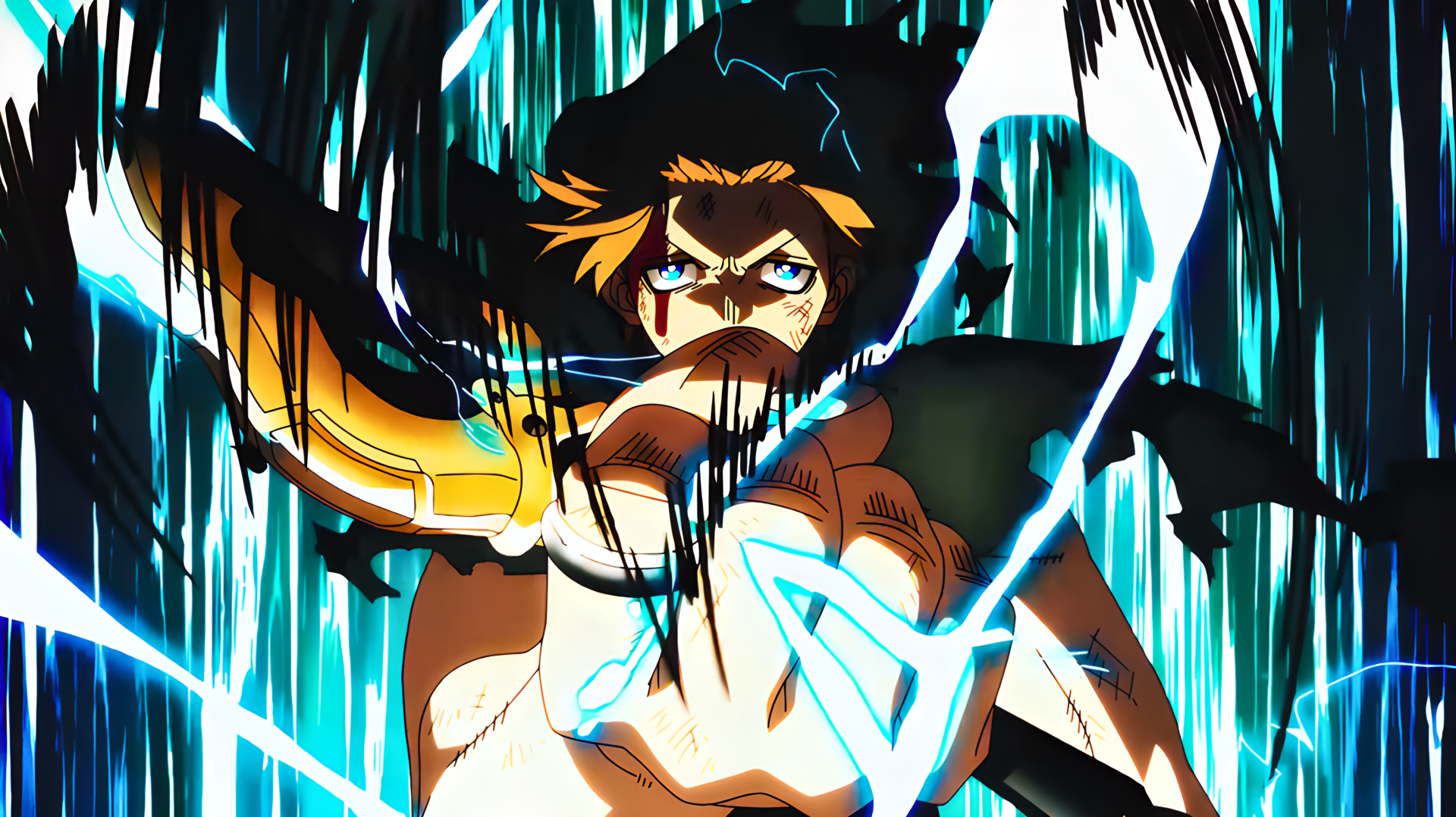 Arthur Boyle (Fire Force) unleashing crackling blue lightning in an intense anime close-up, dynamic streaks and dark contrast — 4K Ultra HD PC desktop wallpaper/background.