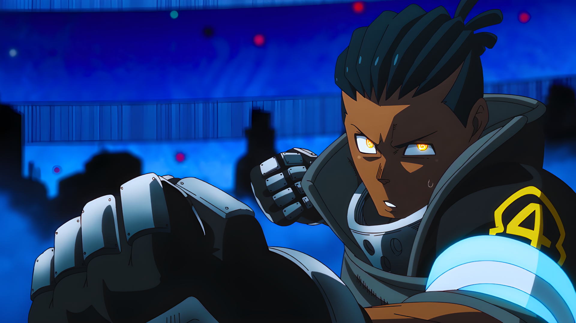 Close-up of Ogun from Fire Force in an intense anime fight pose, glowing eyes and armored fist thrust forward — 4K Ultra HD PC desktop wallpaper background.