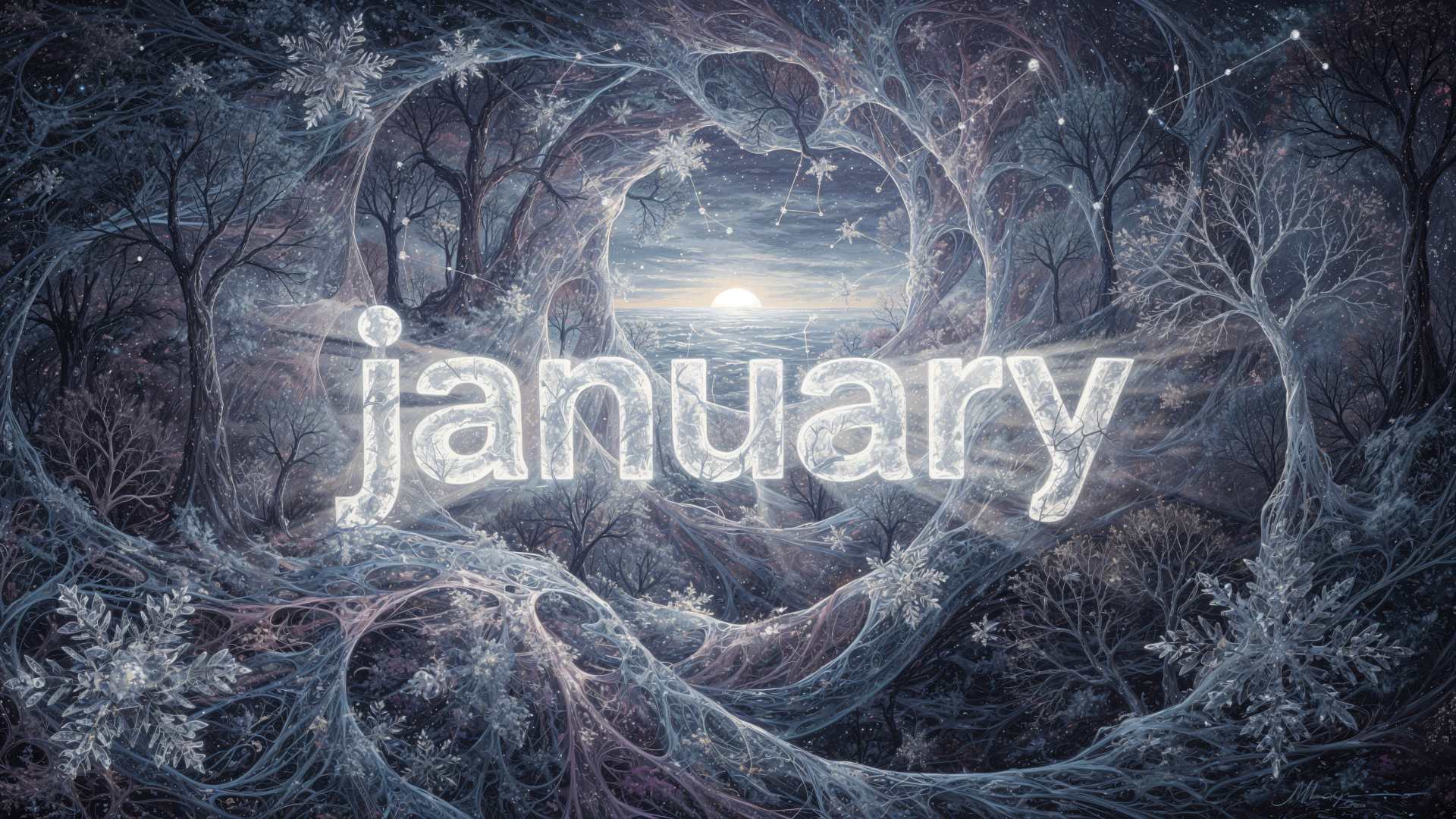 Frosted winter forest forming a heart around a glowing moon with icy 'january' text overlay — 4K Ultra HD PC desktop wallpaper background.
