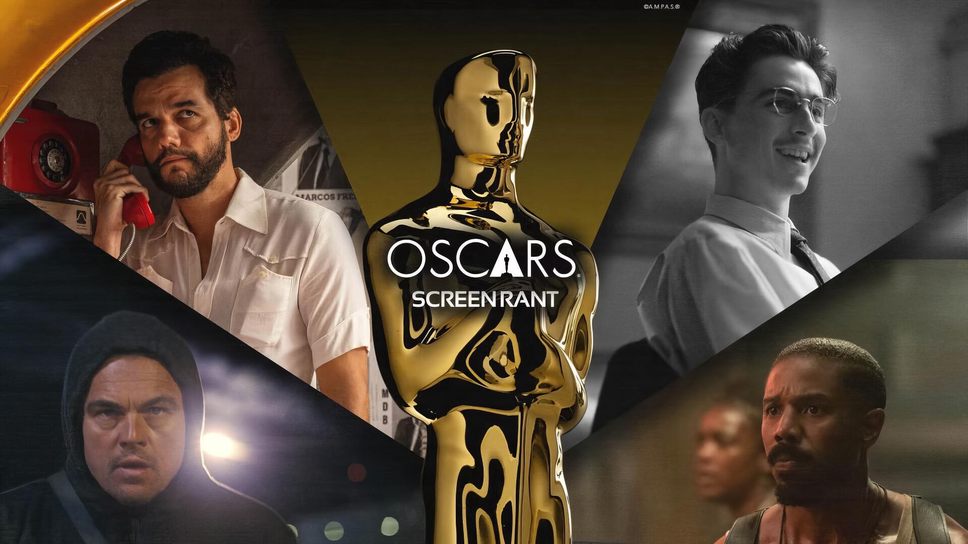 HD PC desktop wallpaper: gold Oscar statuette centered with Oscars ScreenRant text, surrounded by dramatic film character portraits in a cinematic Academy Awards collage.