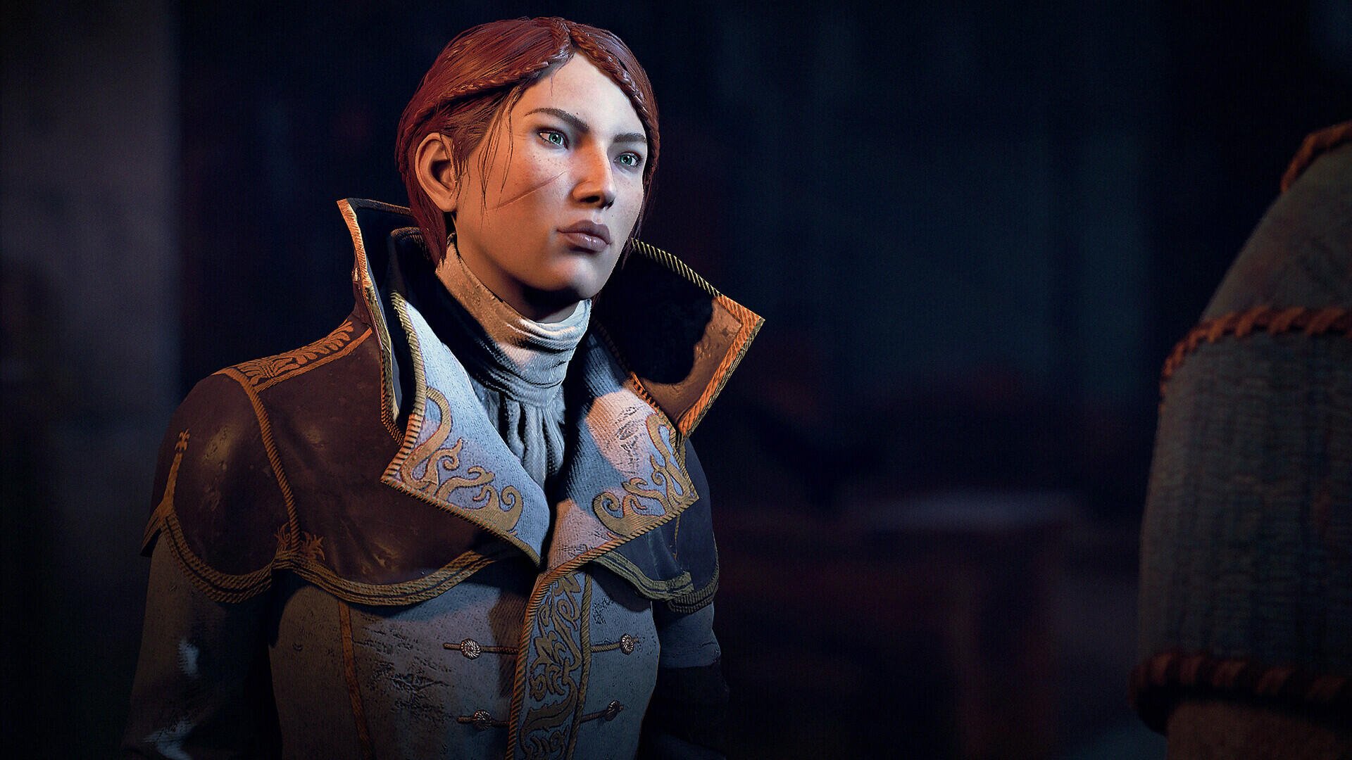 HD PC desktop wallpaper of a stern female character from the video game GreedFall: The Dying World, wearing an ornate period coat in dim, moody lighting.