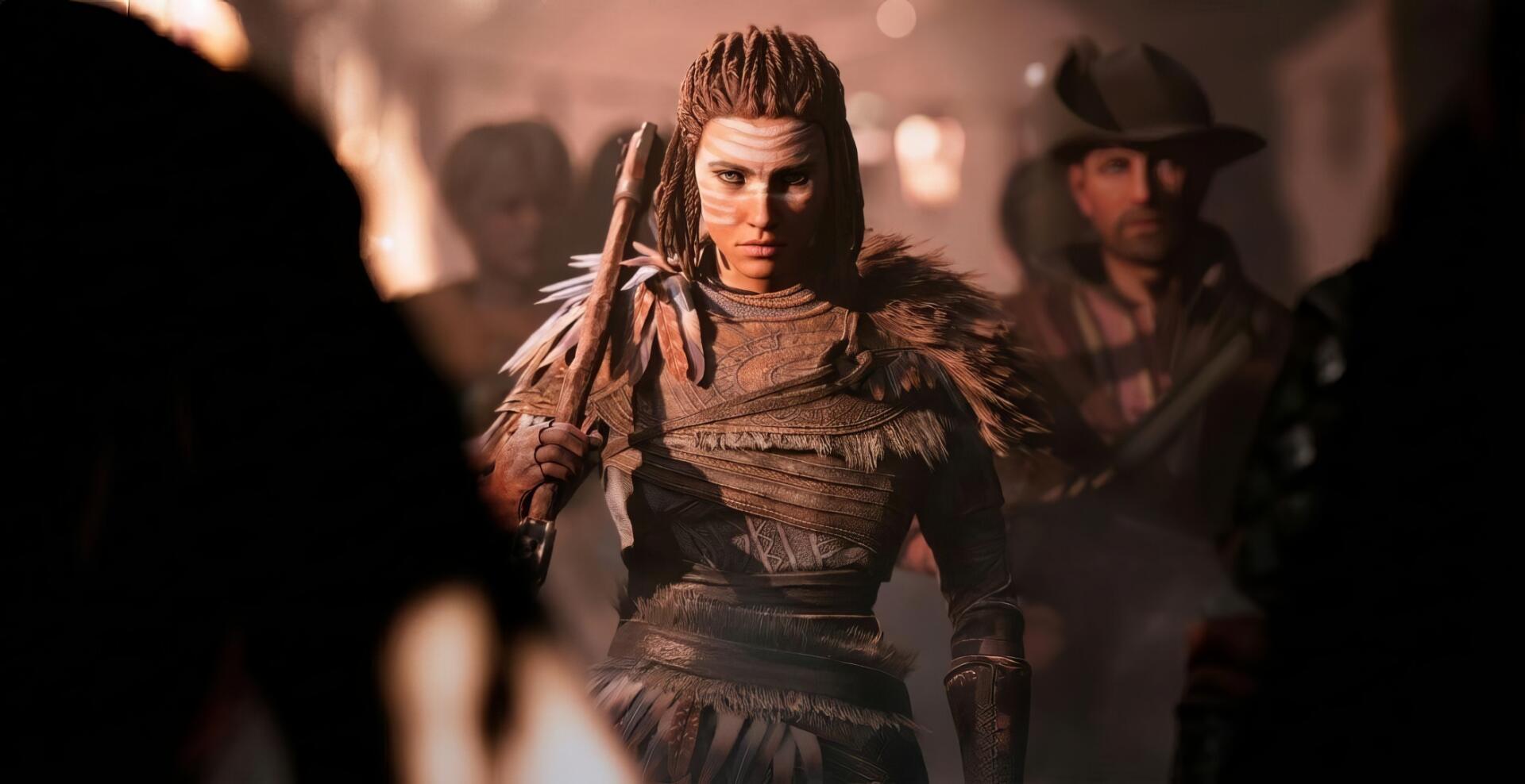 HD PC desktop wallpaper and background for the video game GreedFall: The Dying World — armored woman with braided hair and tribal attire standing amid a shadowy crowd.