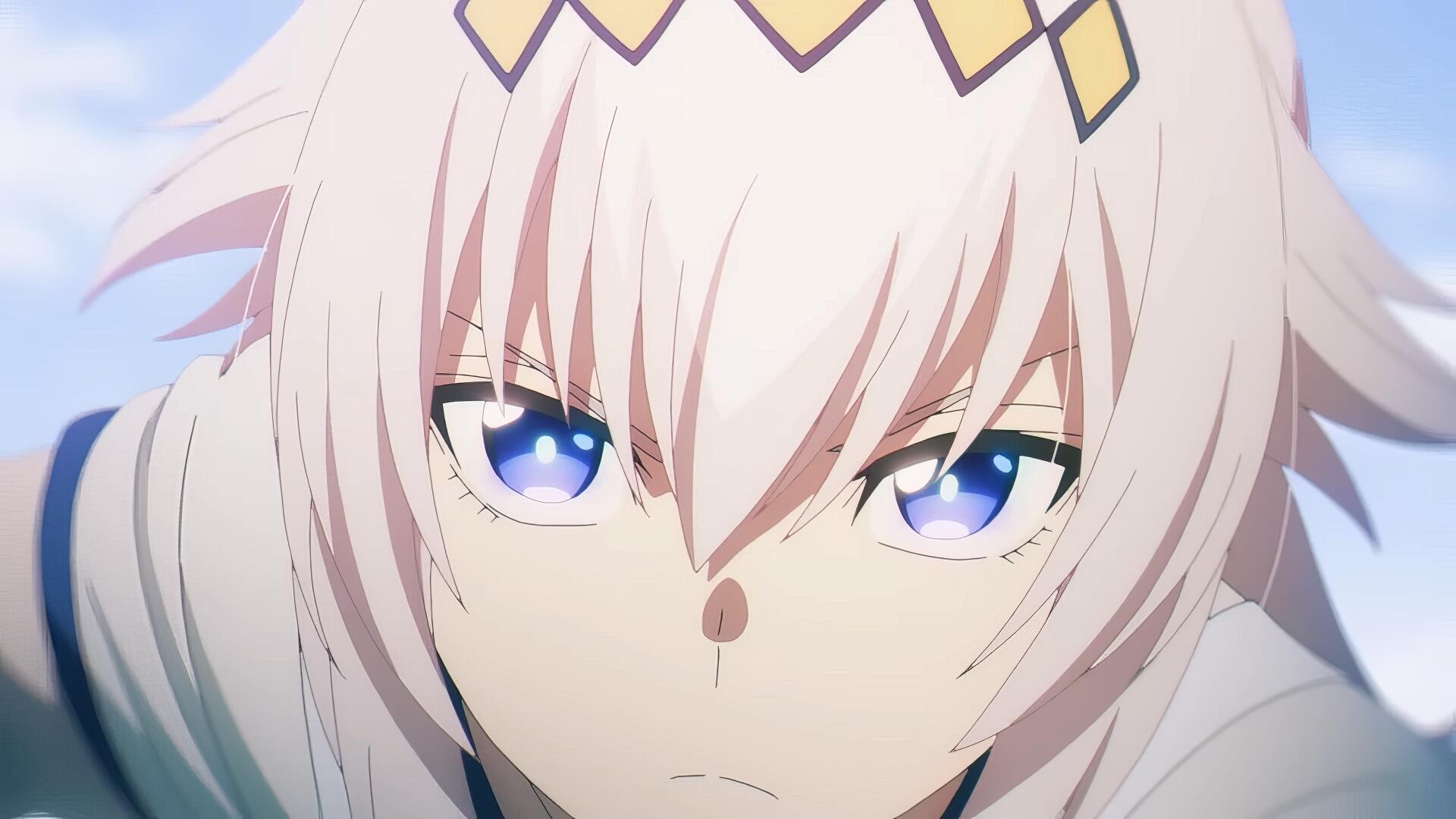 HD PC desktop wallpaper of Oguri Cap from Uma Musume: Pretty Derby — anime close-up of a pink-haired girl with blue eyes, crown-like headband and a determined expression.