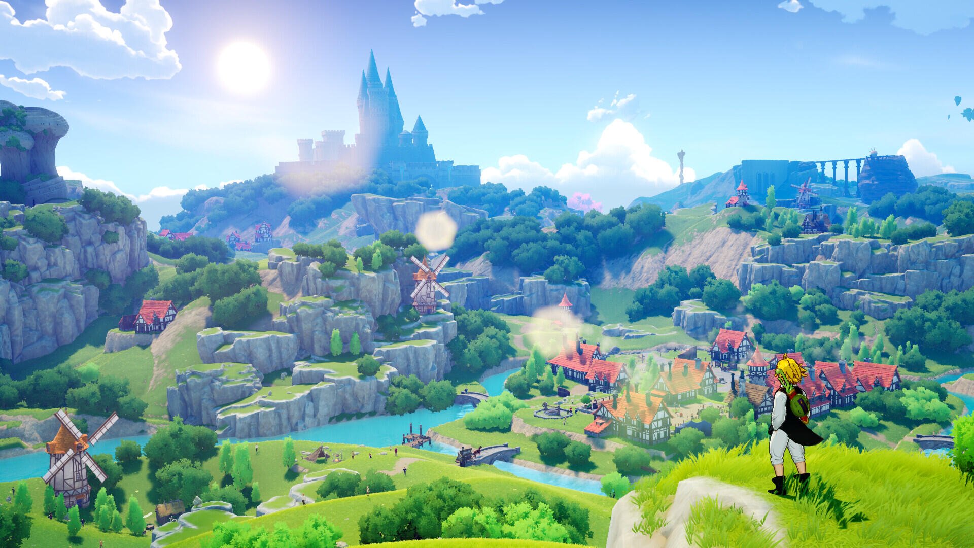 HD PC desktop wallpaper for the video game The Seven Deadly Sins: Origin — panoramic fantasy landscape with rolling hills, windmill town and a lone character overlooking the sunlit valley.