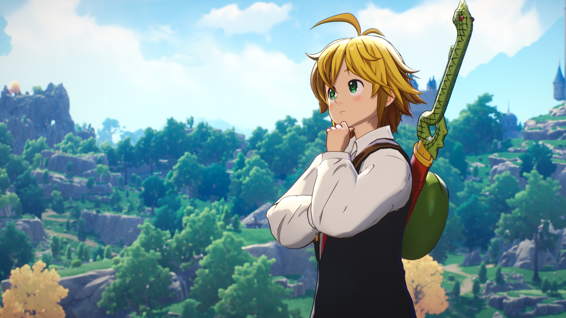 HD PC desktop wallpaper of Meliodas from the video game The Seven Deadly Sins: Origin — standing with his sword, gazing over a sunlit, forested valley.