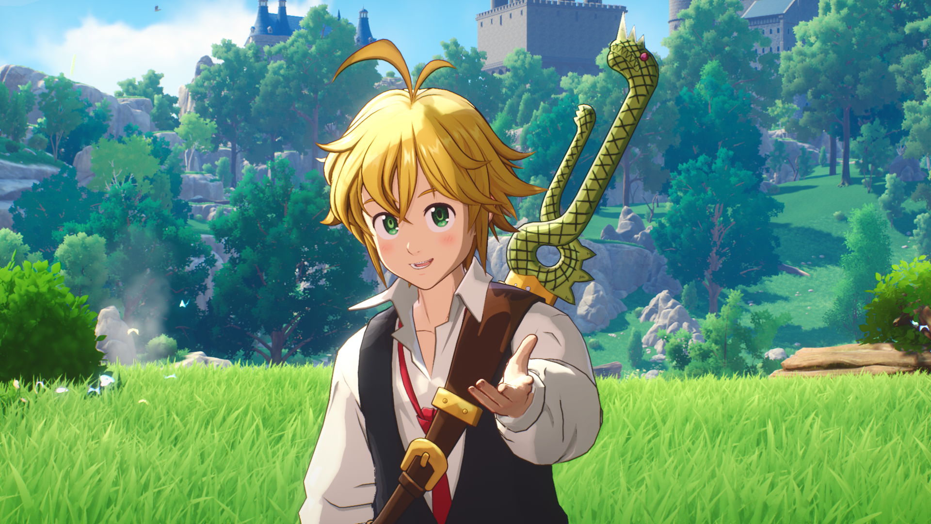 HD PC wallpaper: Meliodas from video game The Seven Deadly Sins: Origin — blond swordsman smiling and extending a hand in a sunny grassy field with castle and trees.