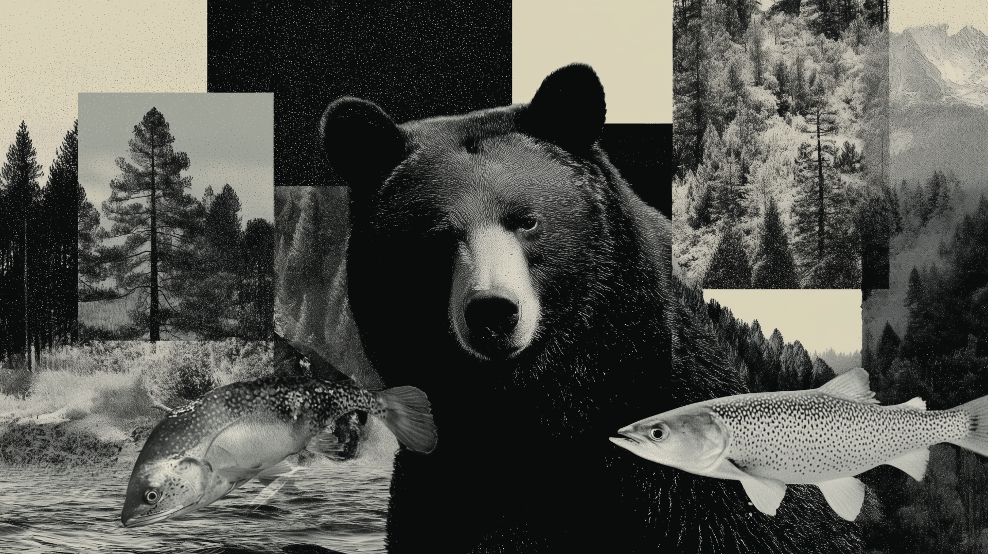 Black & white cryptidcore Aesthetic Collage of a bear with floating fish and forest panels — 2K Quad HD PC desktop wallpaper and background