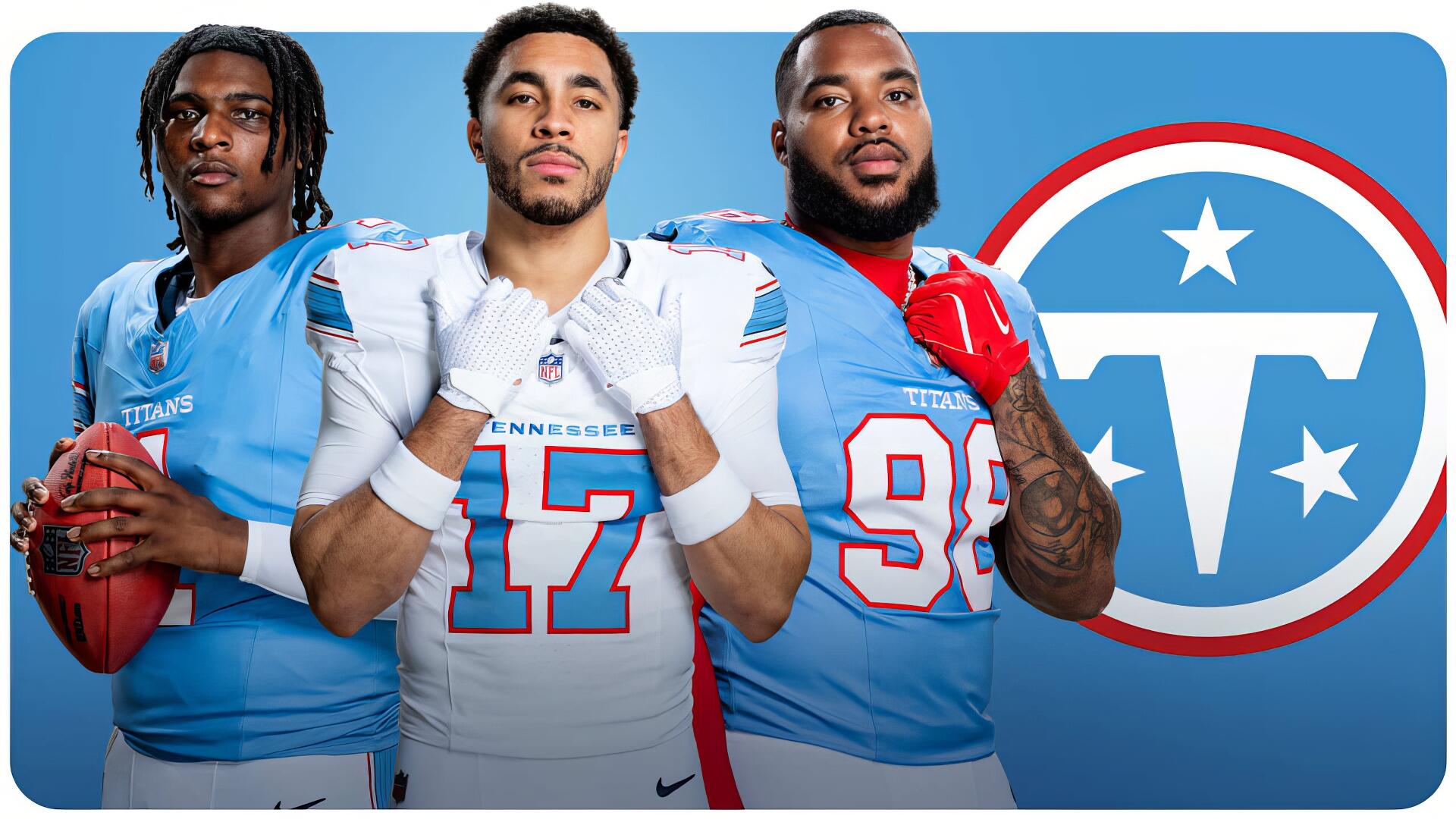 HD PC desktop sports wallpaper: three Tennessee Titans NFL football players in cyan uniforms pose with a football beside the team logo on a cyan background.