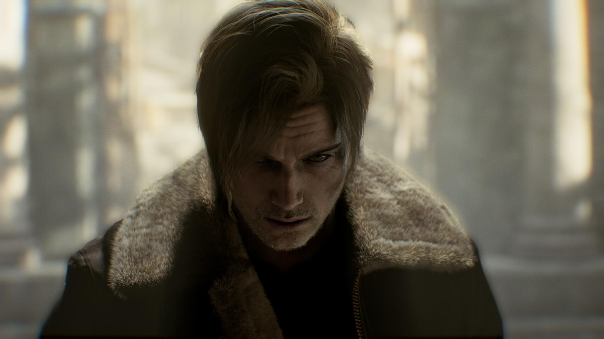 2K Quad HD PC wallpaper of Leon S. Kennedy from the video game Resident Evil Requiem, brooding in a fur-collared coat against a blurred, moody urban background.