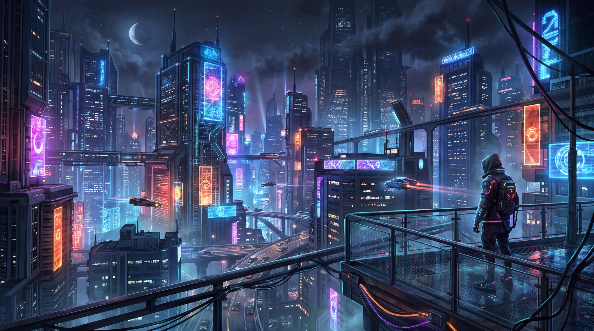 Cyberpunk neon cityscape at night with rain-slick streets and a lone hooded figure on a balcony — 5K Ultra HD PC Desktop Wallpaper and Background.