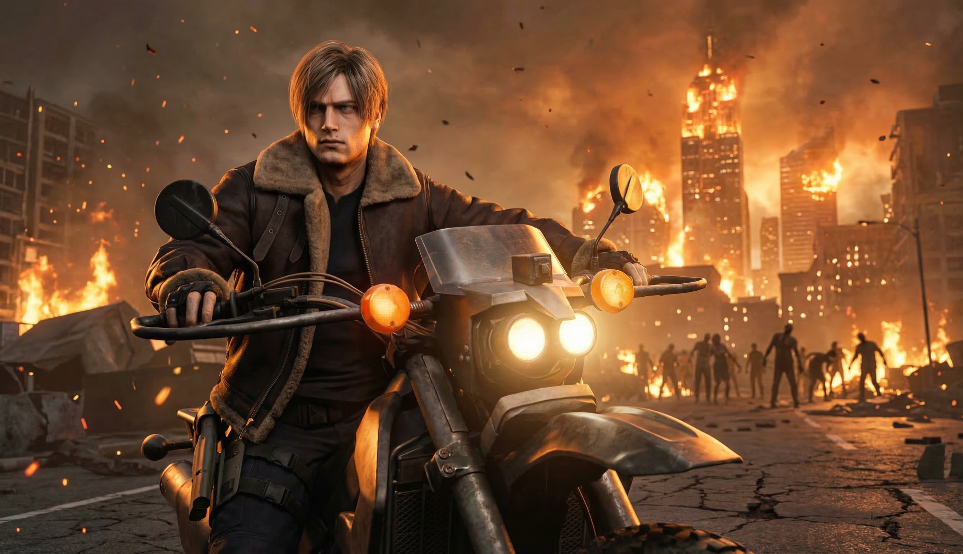 Leon S. Kennedy from Resident Evil Requiem on a motorcycle amid a burning, zombie-filled city — horror Capcom video game 2K Quad HD PC desktop wallpaper.