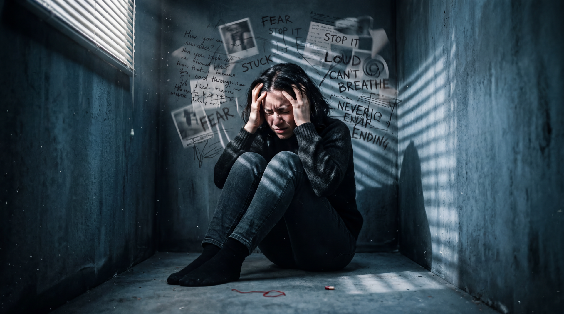 5K Ultra HD PC desktop wallpaper: a person curled in a shadowed corner, hands on their head, pinned notes and scrawled words on the walls conveying anxiety.