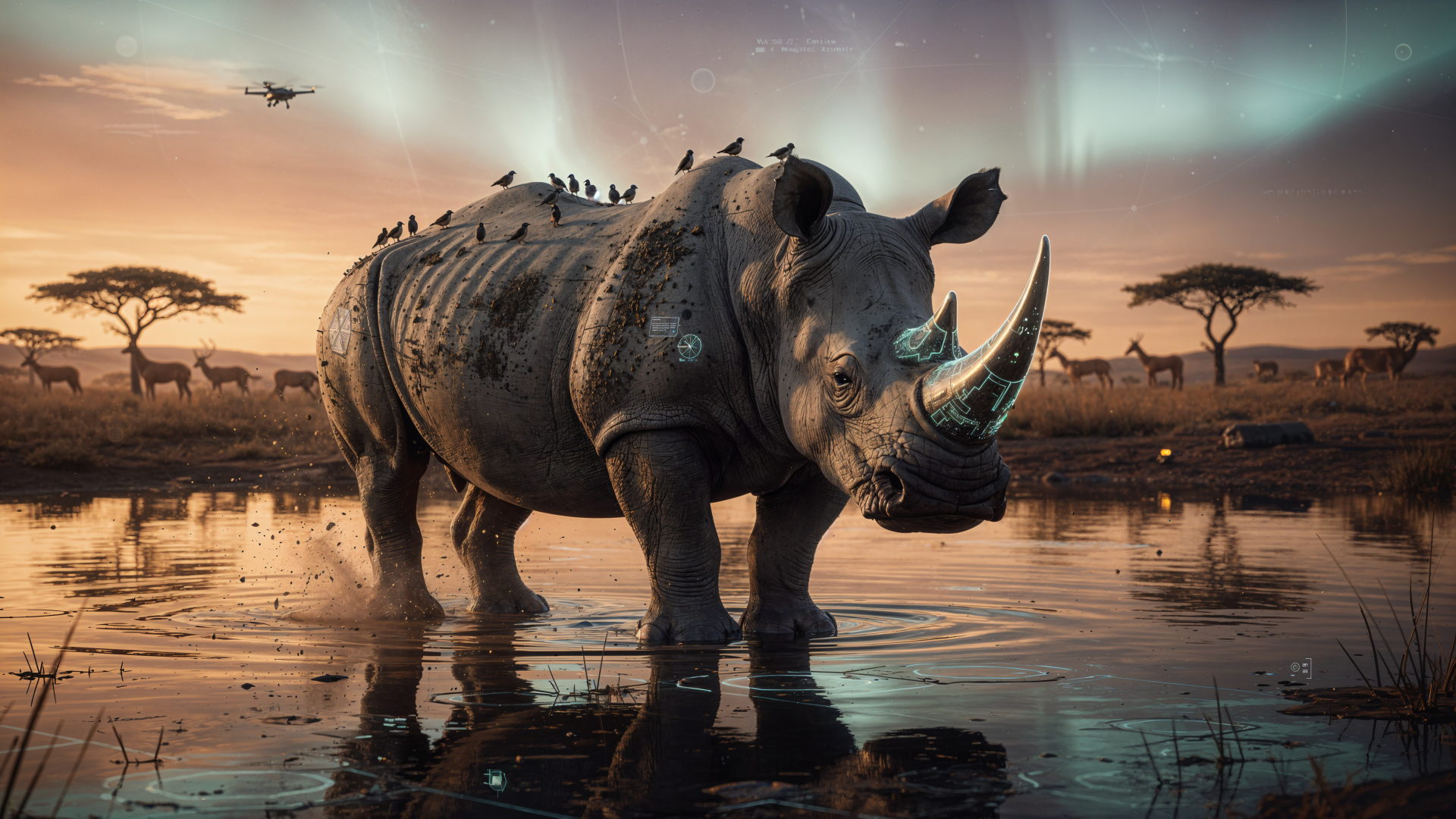 4K Ultra HD PC desktop wallpaper/background: a lone rhinoceros wading through reflective water at dusk, birds perched on its back, acacia trees and an aurora-lit sky beyond.