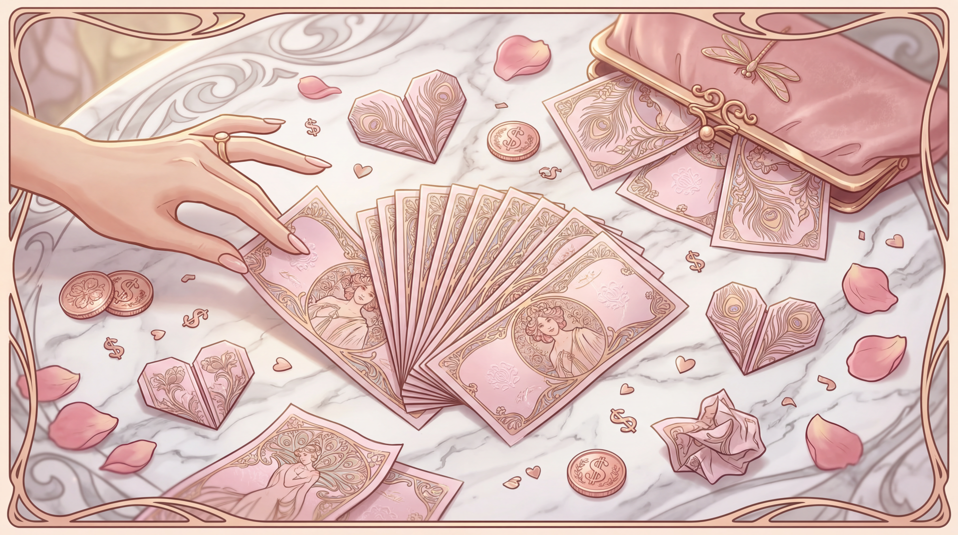 5K Ultra HD PC desktop wallpaper and background: pink money and coins, origami hearts and rose petals scattered on a tabletop as a hand fans a stack of bills.