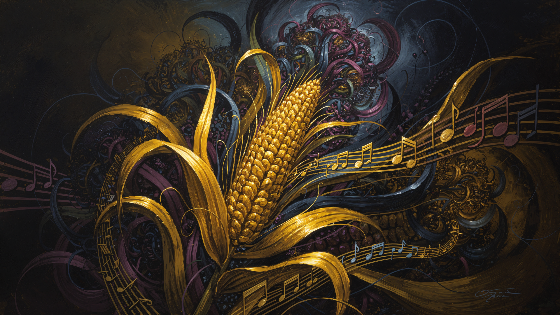 4K Ultra HD PC desktop wallpaper/background: ornate golden cornstalk with curling leaves and floating musical notes on a dark, textured backdrop.