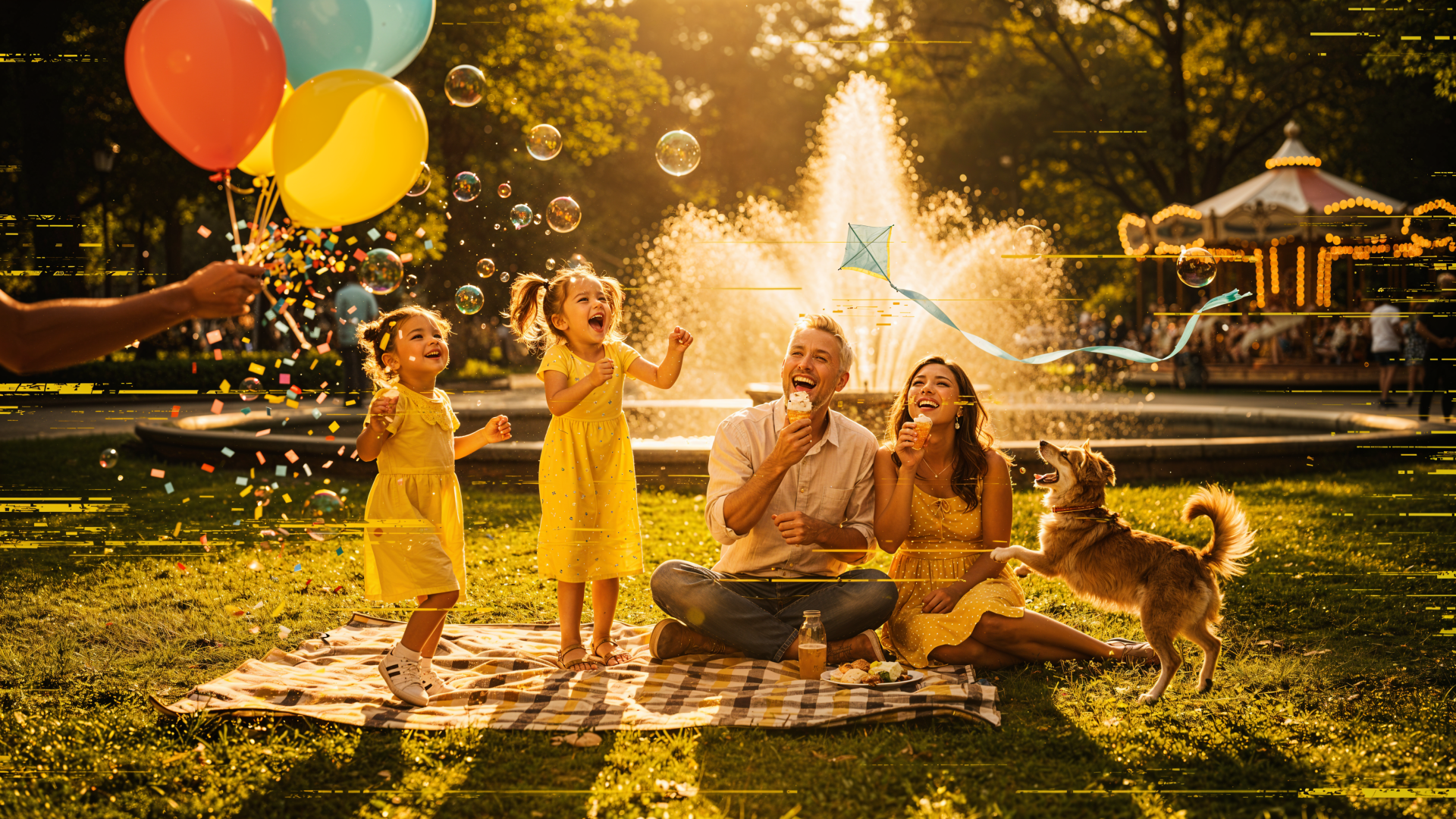 Joy: family picnic in golden light — parents, two children and a dog laugh by a fountain with balloons and bubbles. 4K Ultra HD PC desktop wallpaper background.