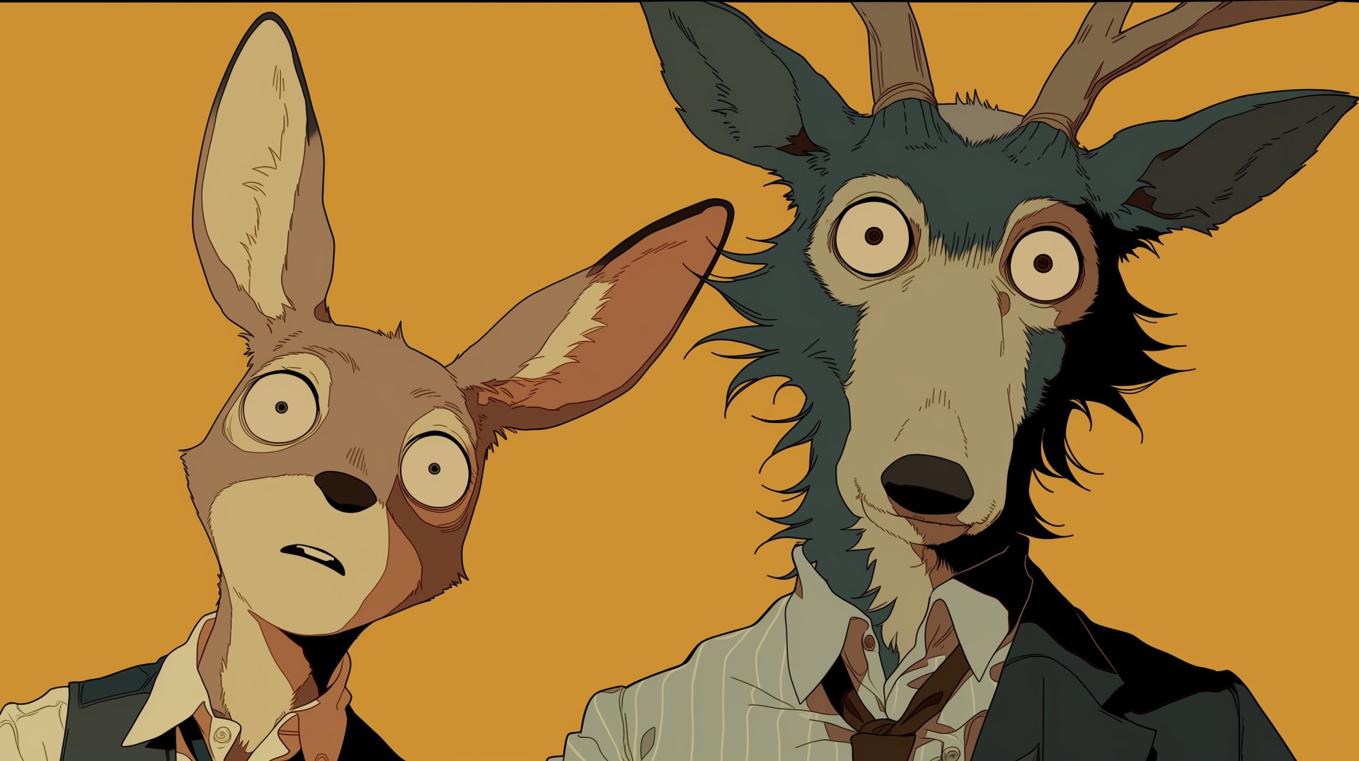 Orange-toned anime Beastars 2K Quad HD PC desktop wallpaper: Louis (Beastars) deer and Legoshi (Beastars) wolf, wide-eyed and stunned, framed against a solid orange background.