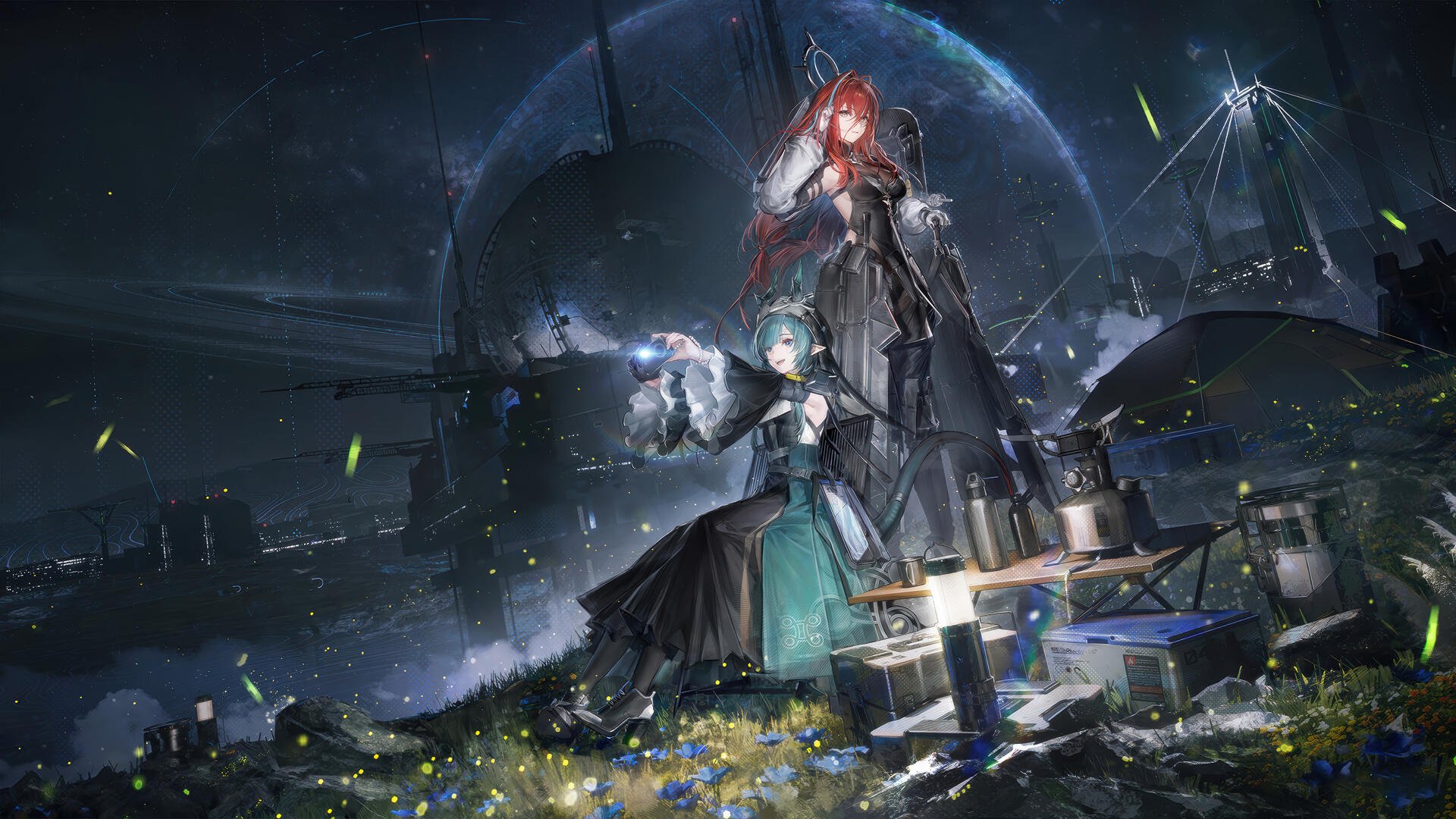 4K Ultra HD PC wallpaper of the video game Arknights: Endfield — Ember and Xaihi in a rainy, neon-lit futuristic cityscape, surrounded by weapons and tech debris.