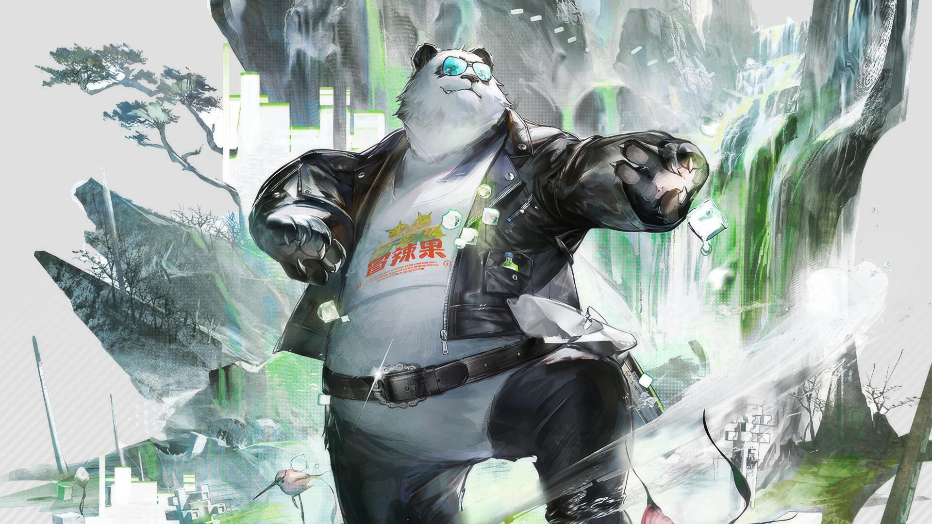 Da Pan, a panda from the video game Arknights: Endfield — wearing a leather jacket and shades, posing before misty emerald waterfalls and ruined cityscapes. 4K Ultra HD PC desktop wallpaper.