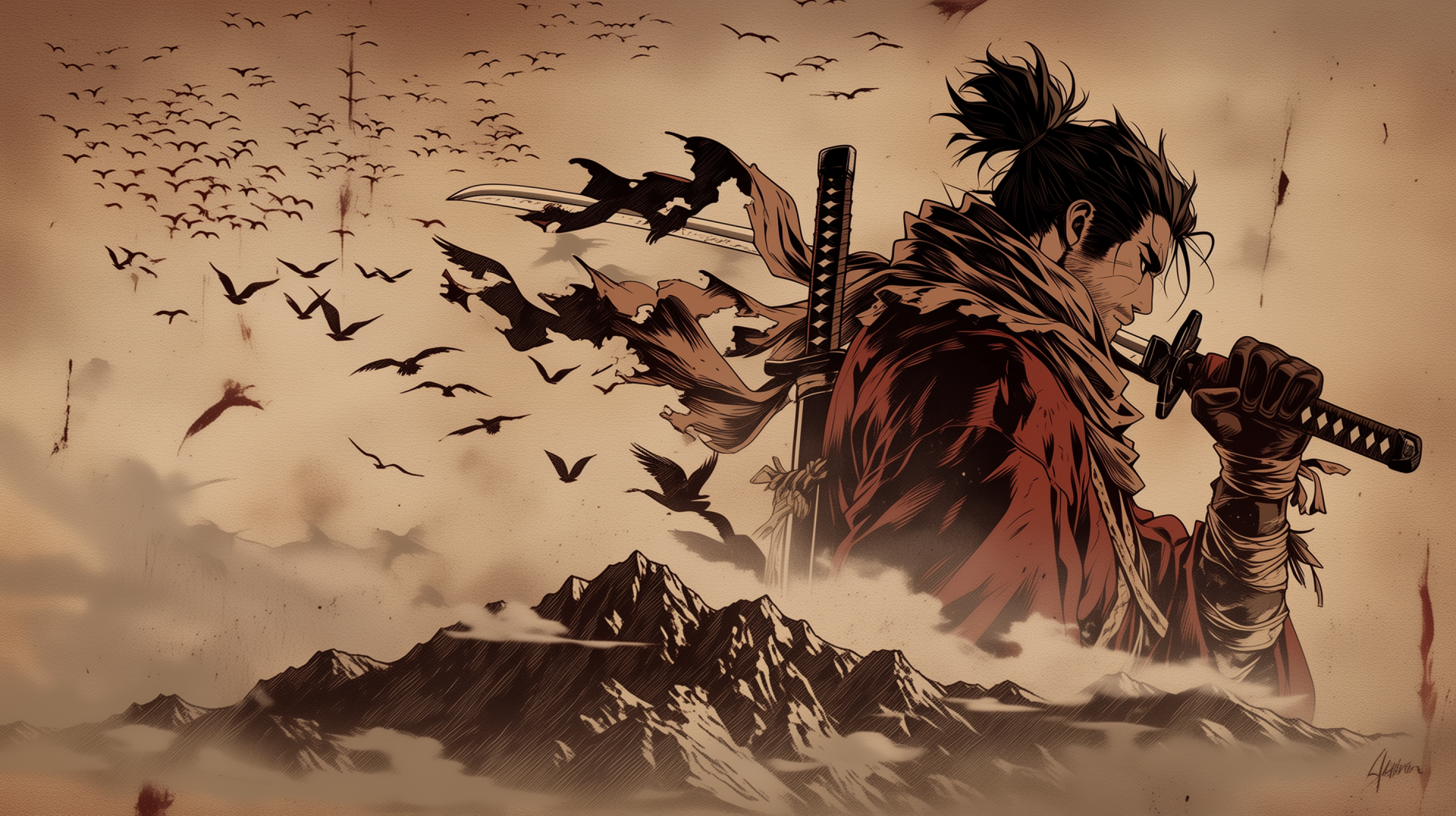 Woodblock-print style 2K Quad HD desktop wallpaper: Sekiro from the video game Sekiro: Shadows Die Twice, lone shinobi with katana overlooking misty mountains as crows swirl.