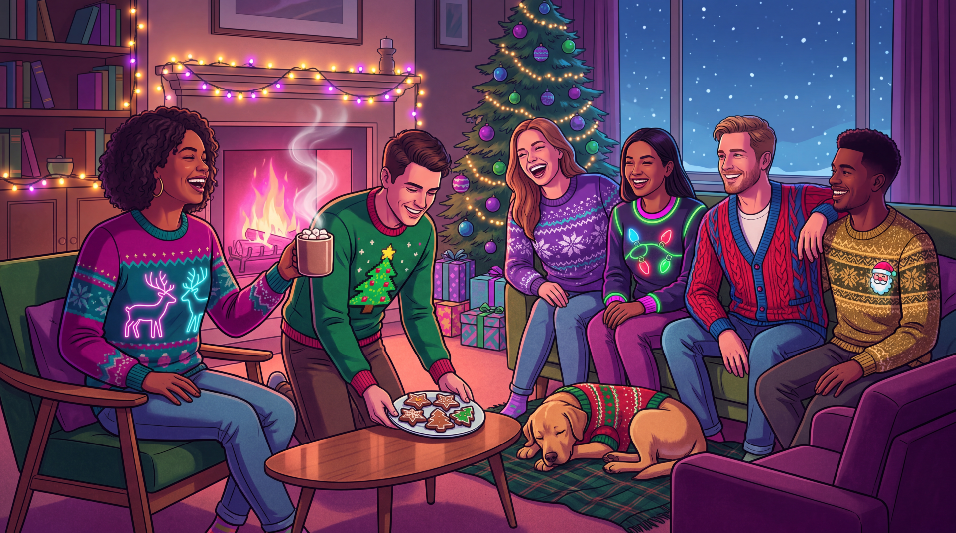 5K Ultra HD PC desktop wallpaper: friends in colorful Christmas sweaters laughing by a decorated tree and fireplace, dog asleep on the rug.