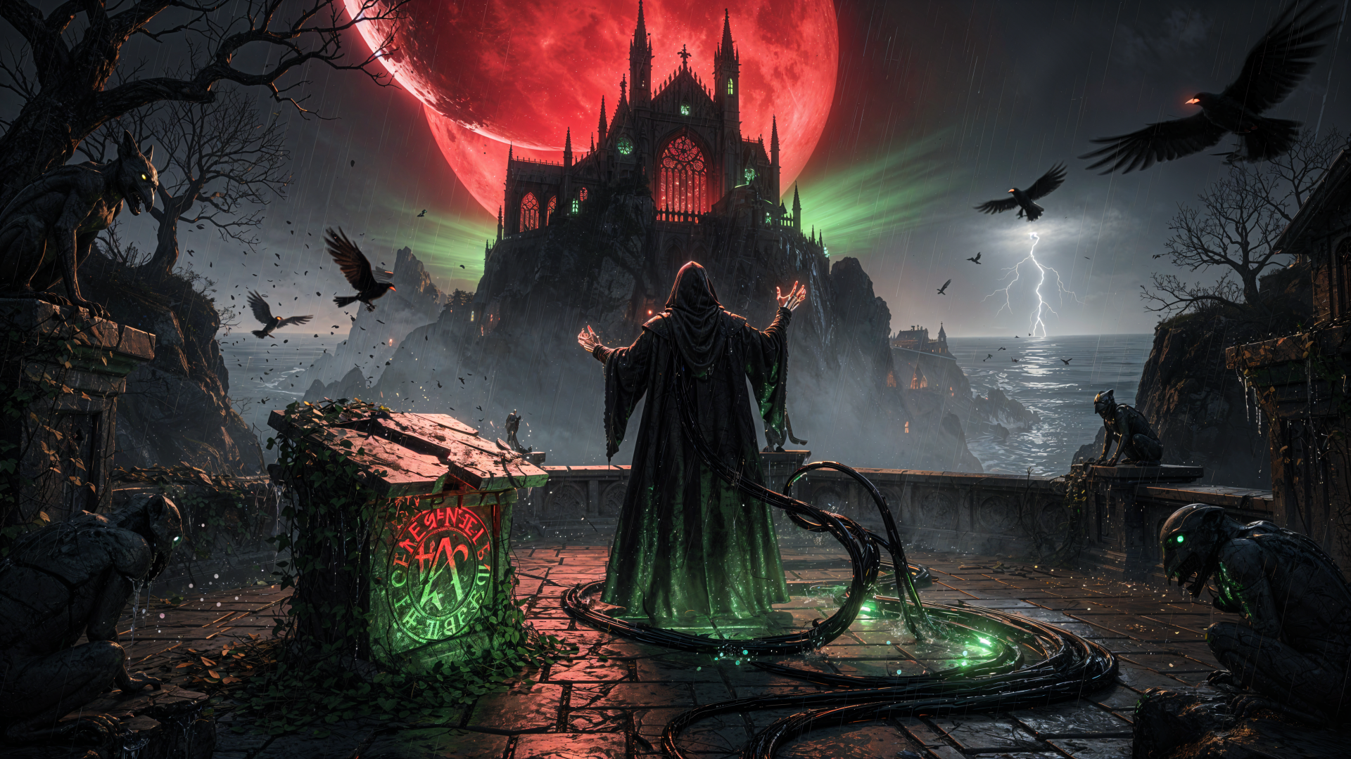 4K Ultra HD PC desktop wallpaper: an evil hooded sorcerer channels emerald magic before a gothic castle under a blood-red moon, crows and lightning over a stormy, foreboding landscape.
