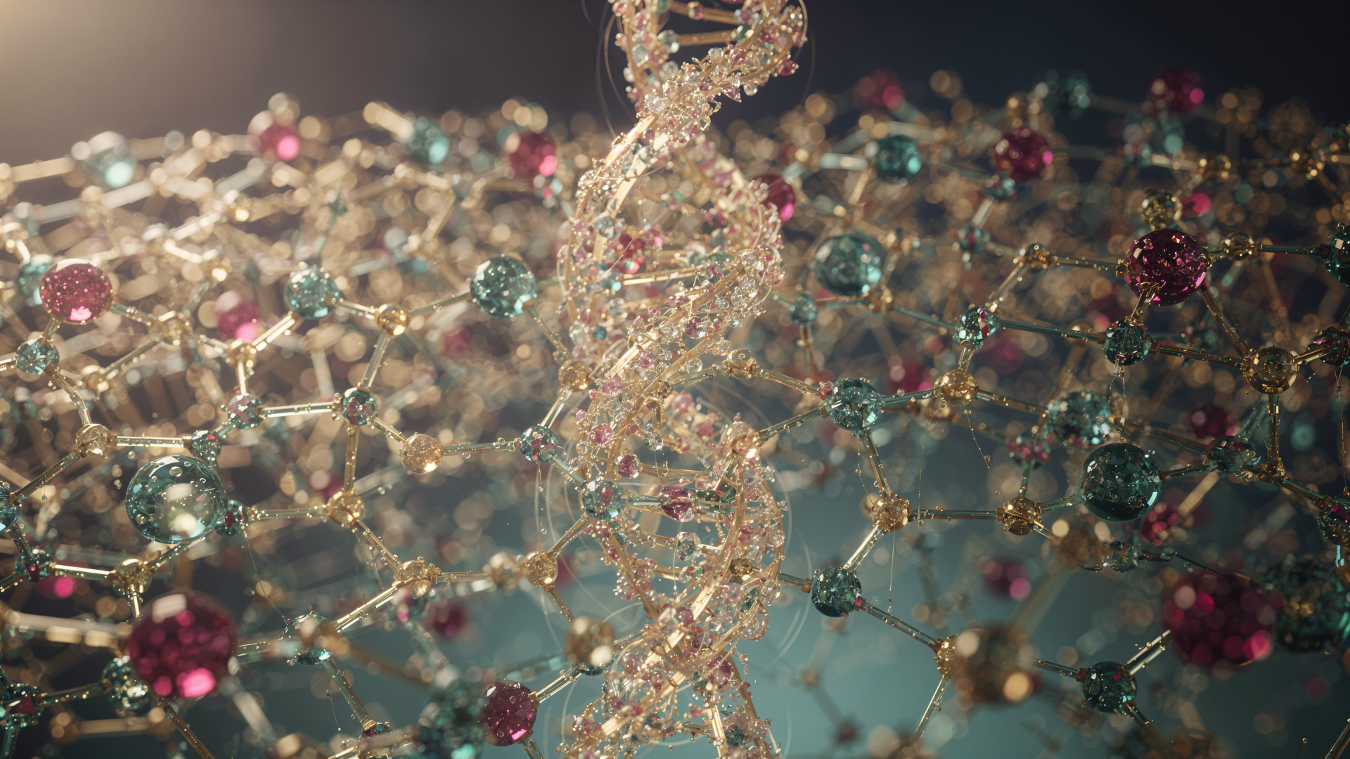 4K Ultra HD PC desktop wallpaper of a shimmering molecular pattern: a central twisted DNA-like helix amid a lattice of gold connectors and colored gem-like nodes.