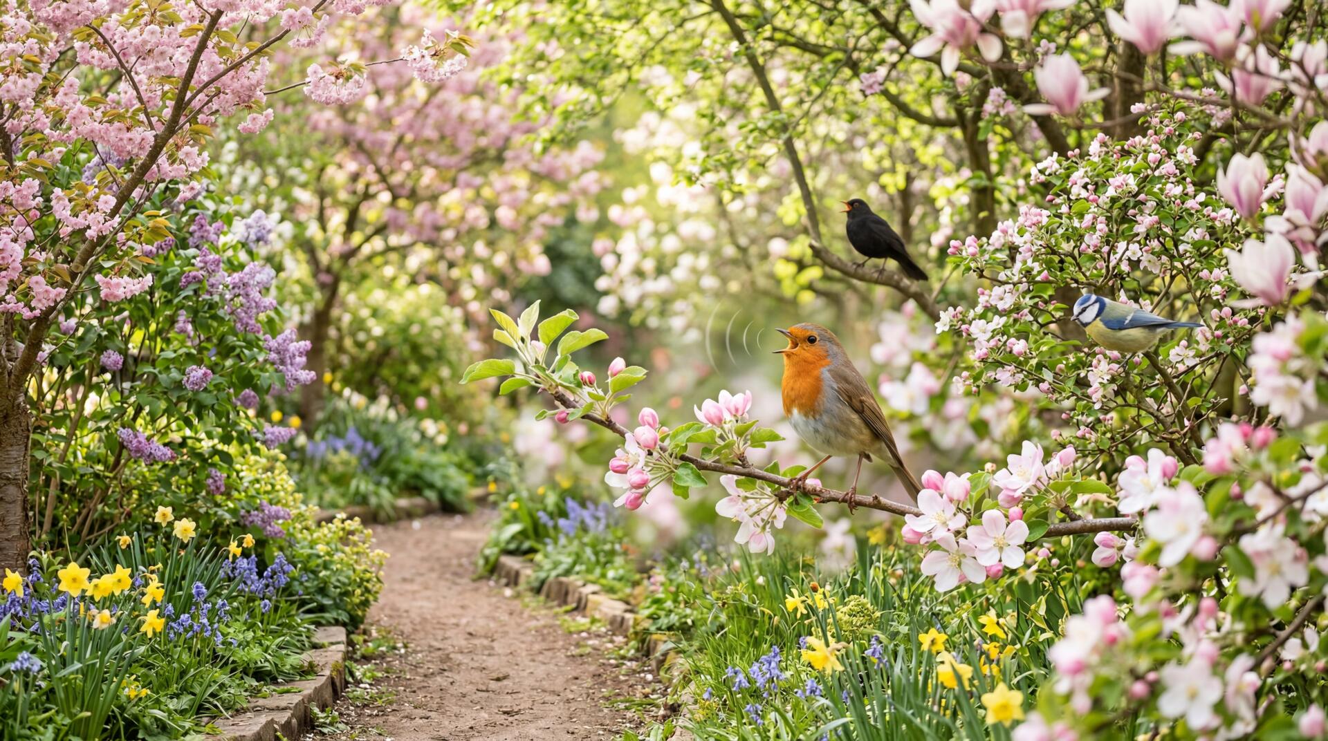 5K Ultra HD PC desktop wallpaper: a sunlit spring garden path lined with magnolias and daffodils, songbirds perched on blossom-laden branches.